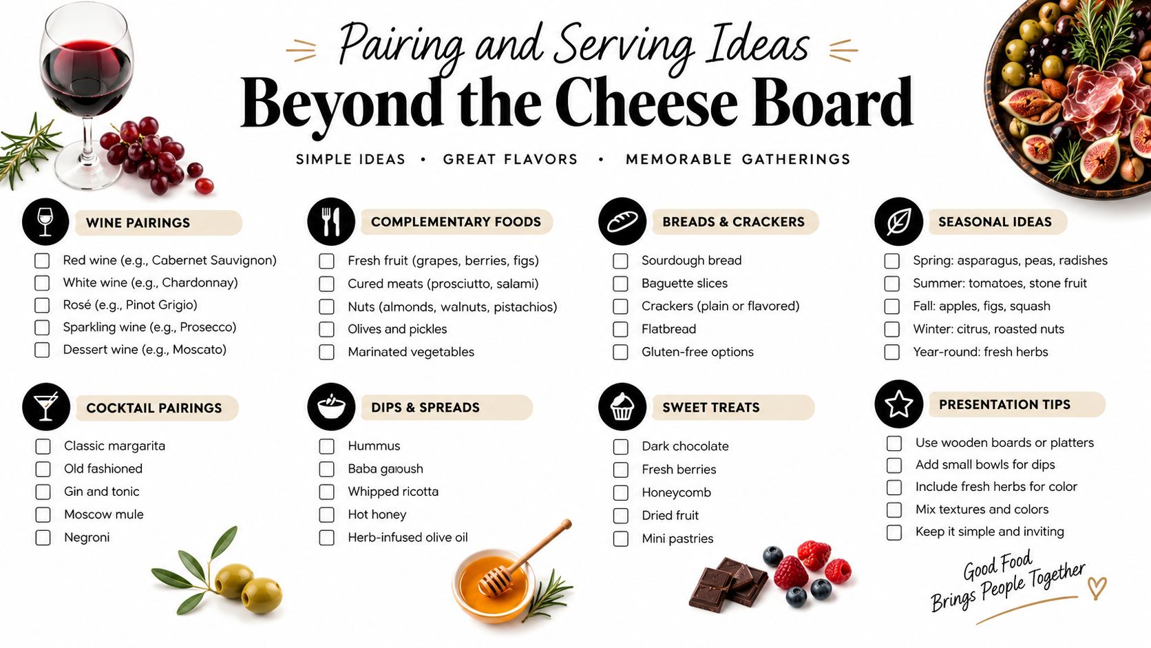 An infographic titled Beyond the Cheese Board offering creative food and drink pairing ideas for social gatherings.