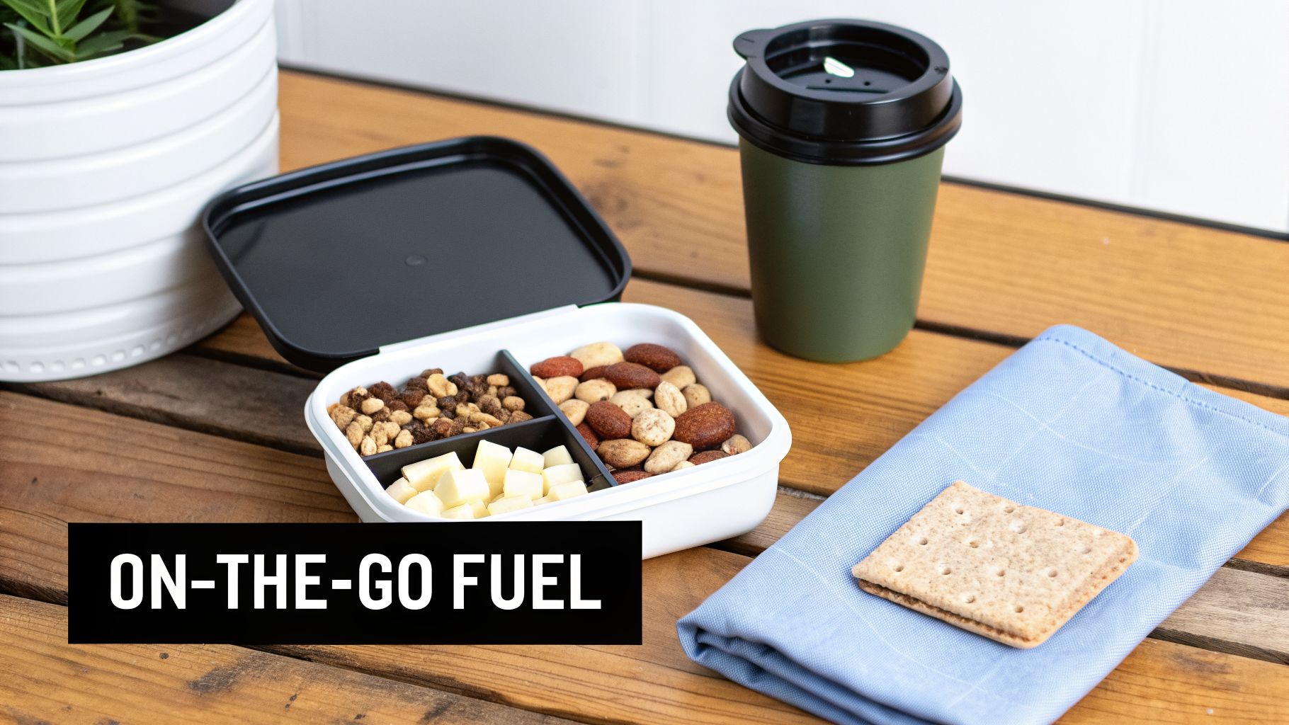 A bento box of nuts, cheese, and trail mix, with a travel mug for on-the-go fuel.