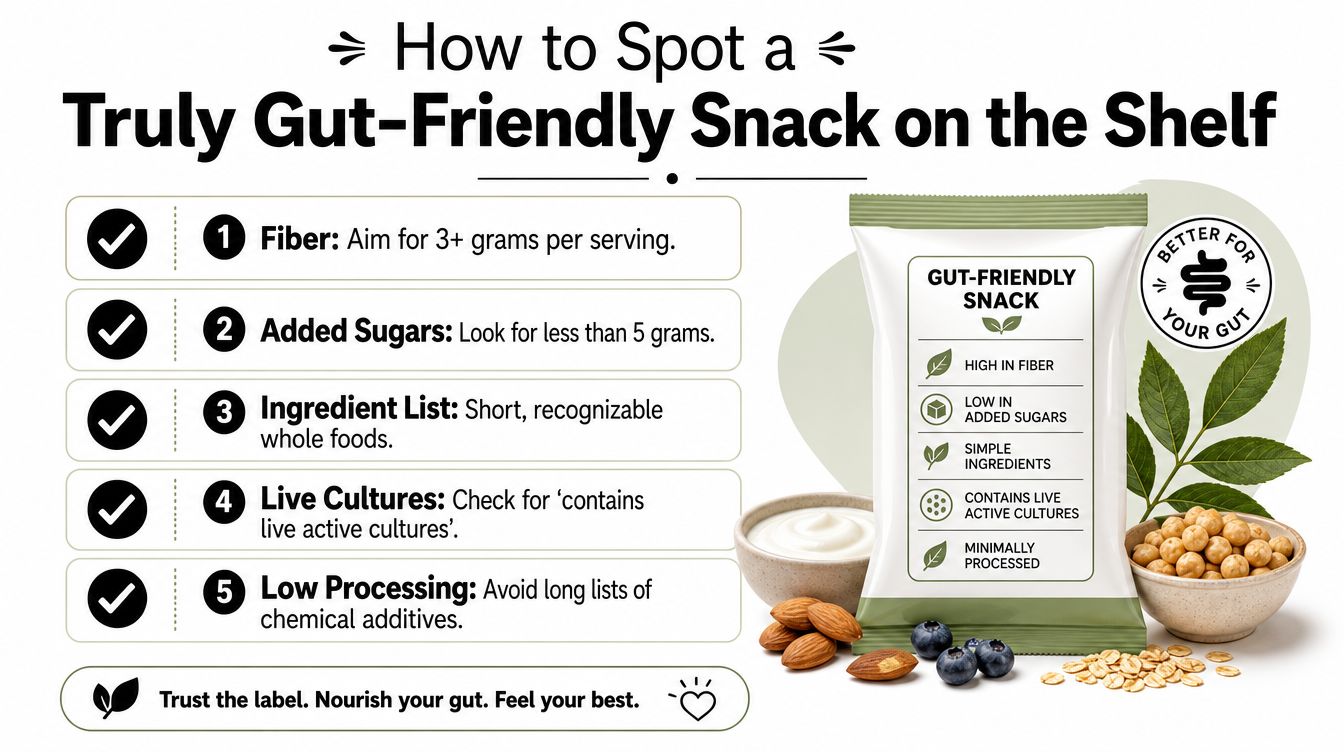 An infographic showing five tips for identifying gut-friendly snacks, featuring healthy food like almonds, blueberries, and yogurt.