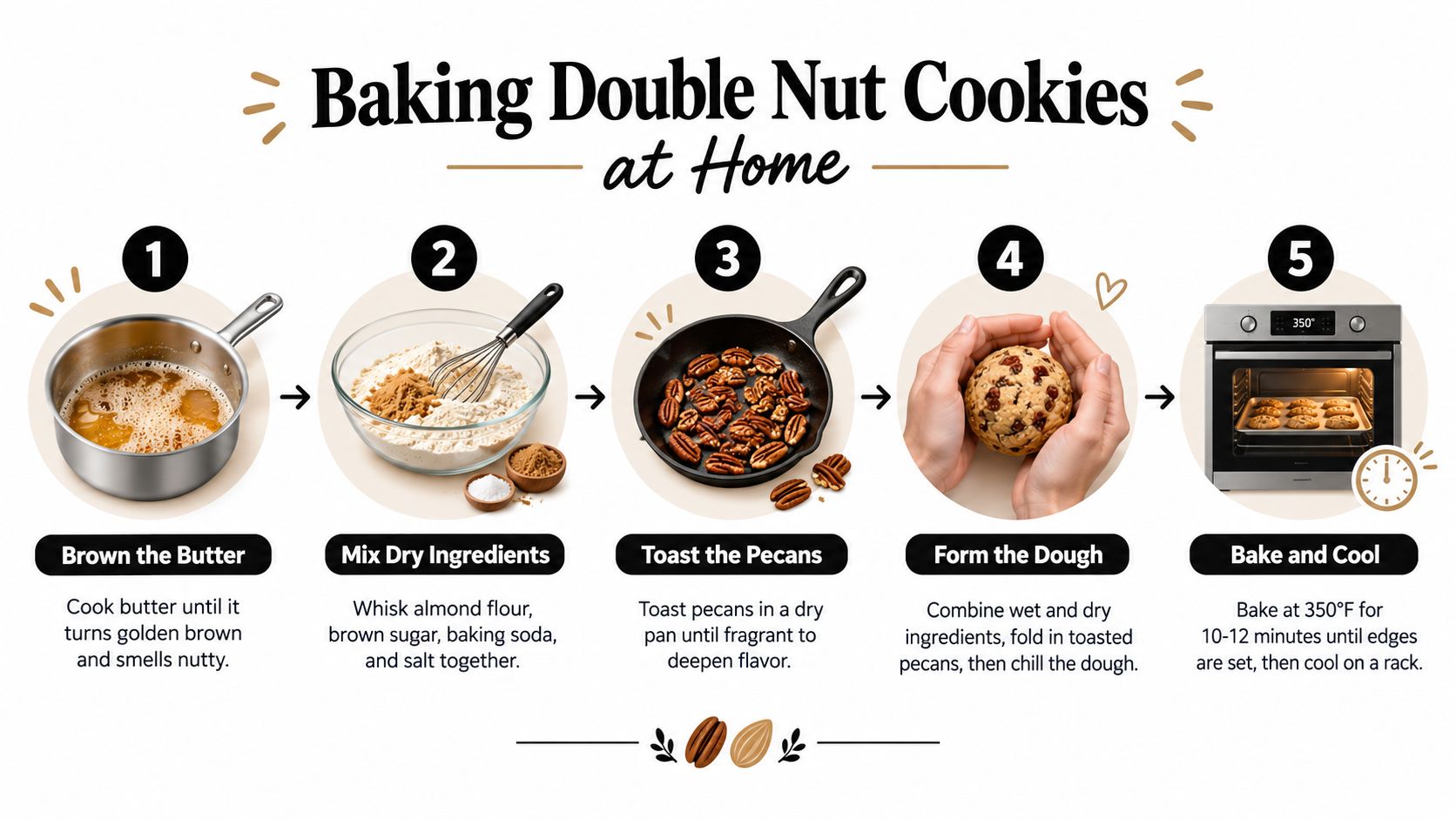 A five-step infographic showing how to bake double nut cookies, from browning butter to final baking.