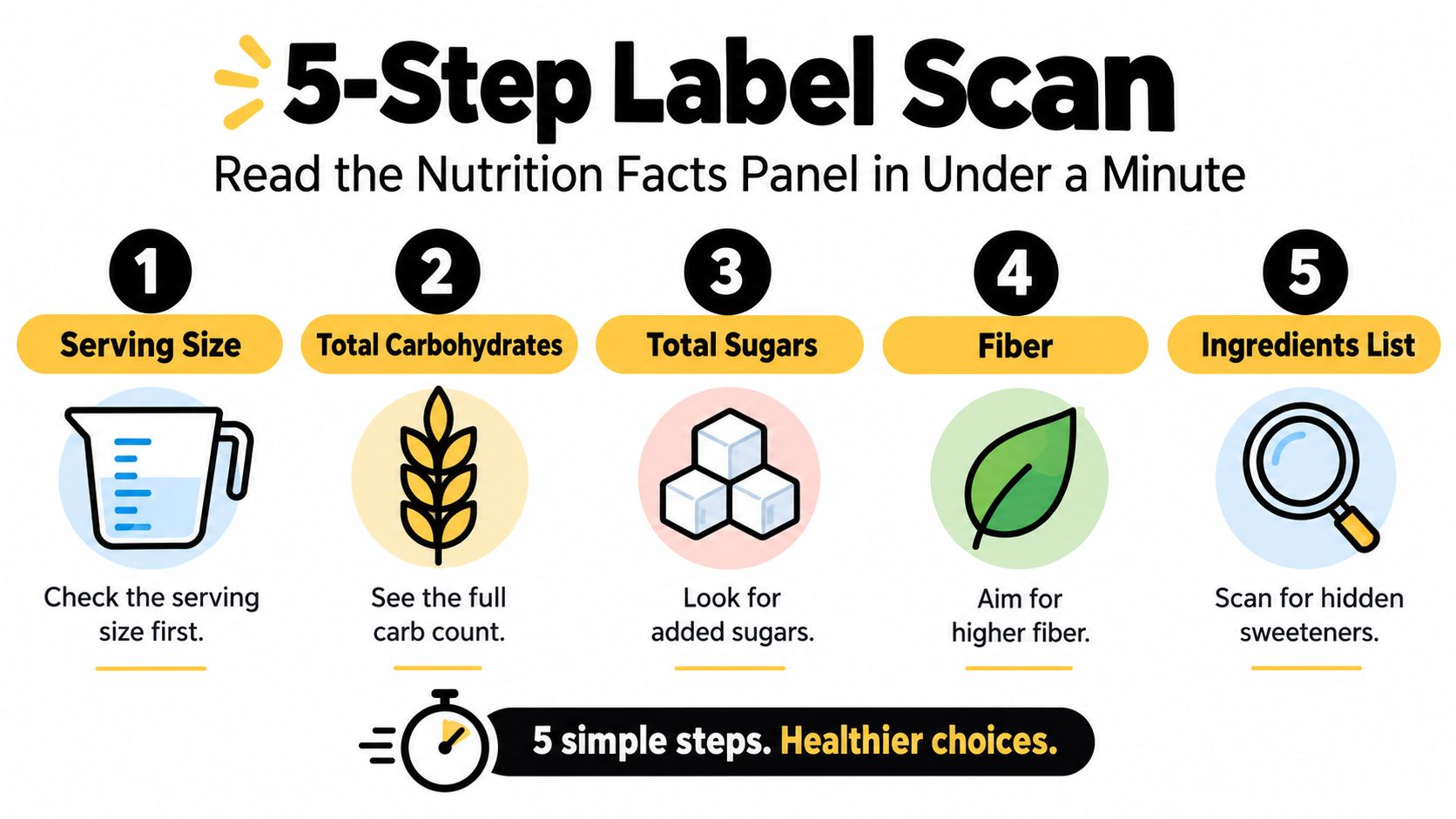 An infographic titled 5-Step Label Scan outlining how to quickly read a nutrition facts panel label.