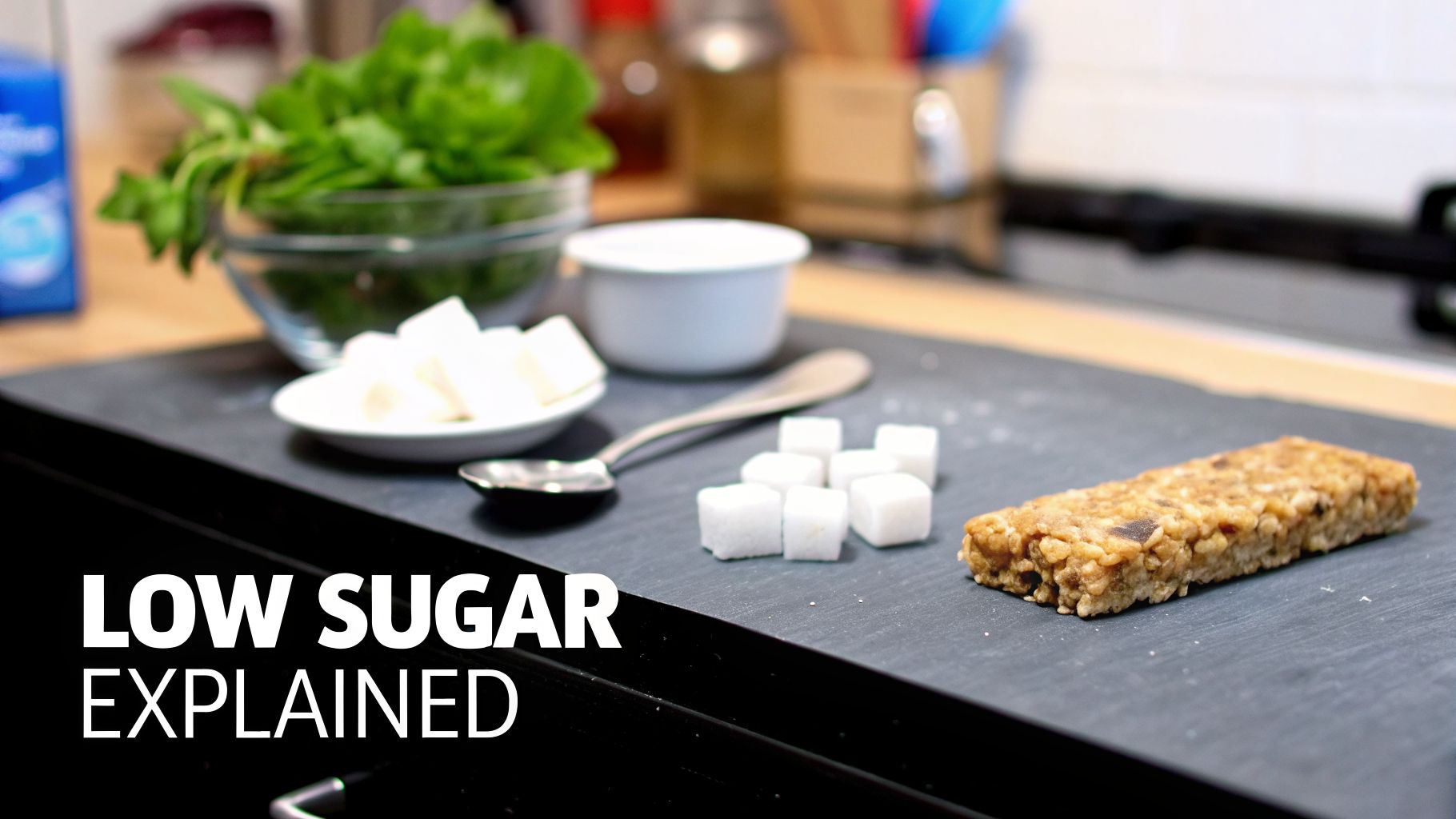 A low sugar granola bar on a dark surface next to sugar cubes and green leaves.
