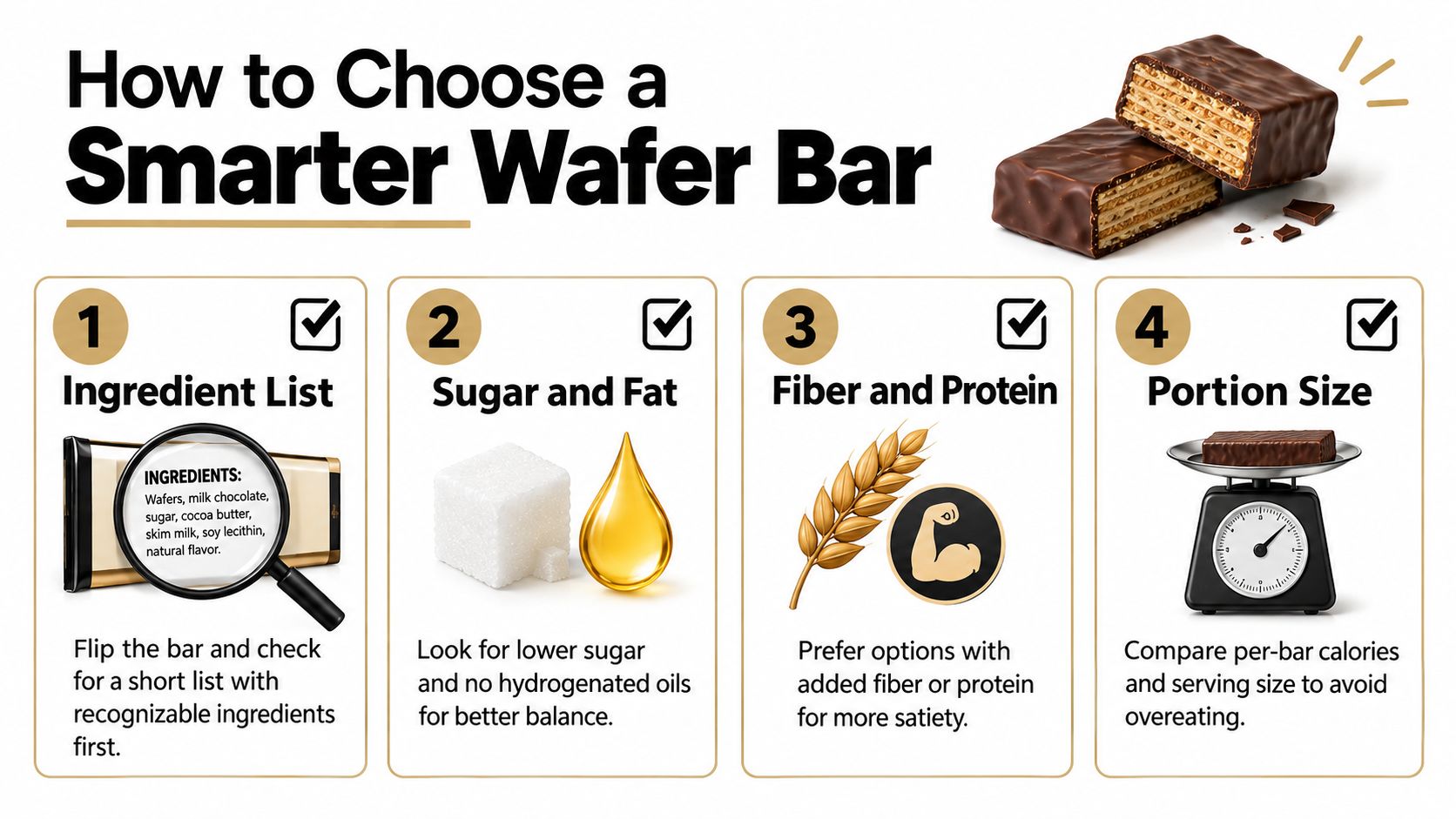 An infographic displaying four essential tips for choosing a healthier and smarter wafer bar snack option.
