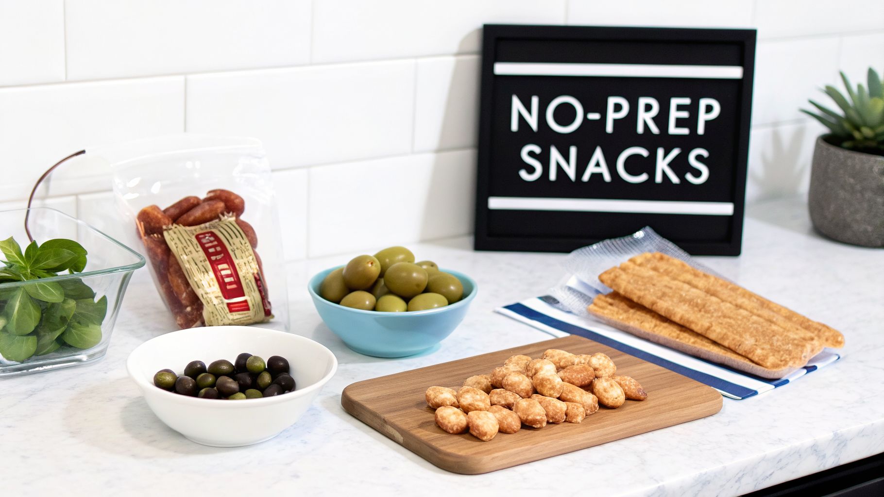 An array of quick, no-prep keto snacks, including olives, sausages, and crunchy bites on a counter.