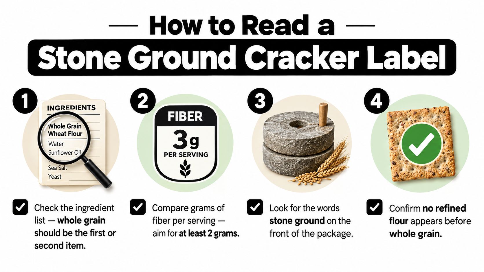 A four-step educational guide on how to identify healthy stone ground crackers by checking labels and ingredients.
