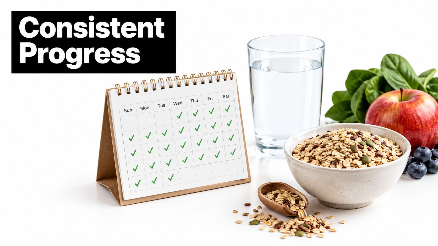 A calendar showing consistent progress with healthy food like oatmeal, fresh fruit, and water on a table.