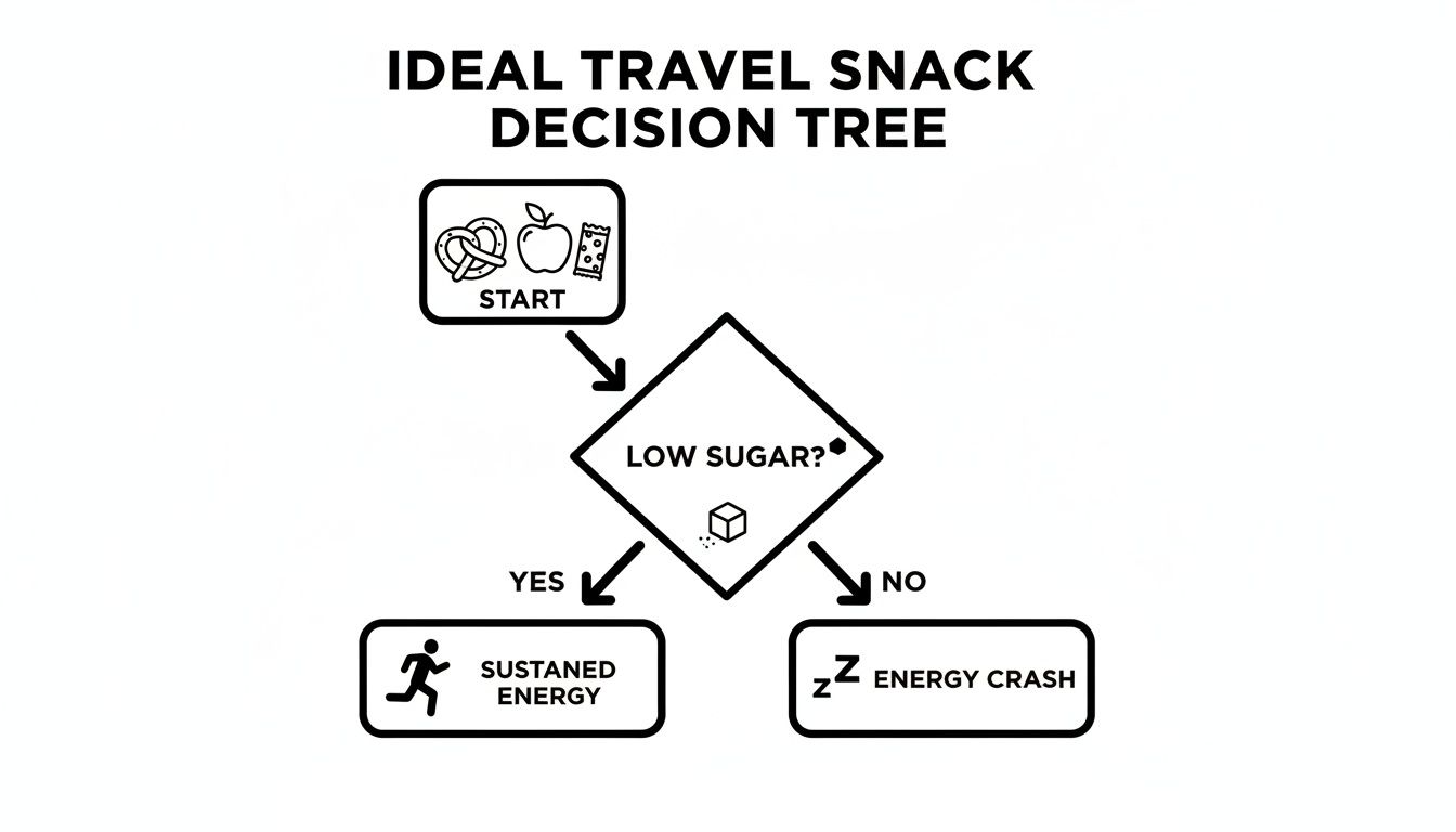 A travel snack decision tree shows low sugar options lead to sustained energy, while high sugar causes energy crash.