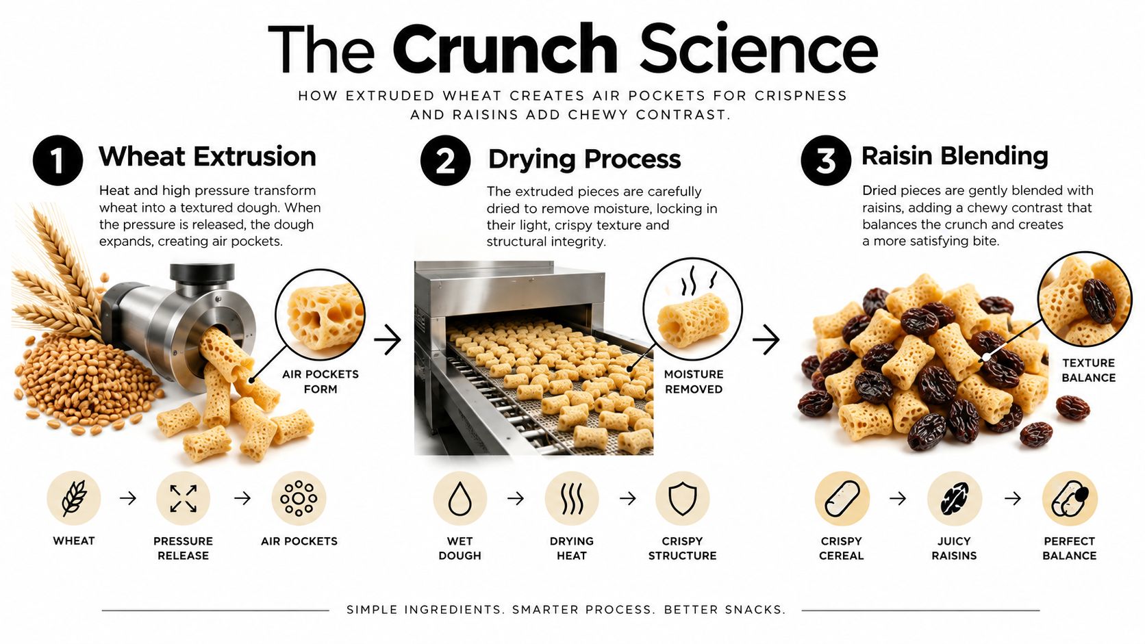An infographic showing the three-step manufacturing process of crispy wheat cereal with raisins, from extrusion to final blending.