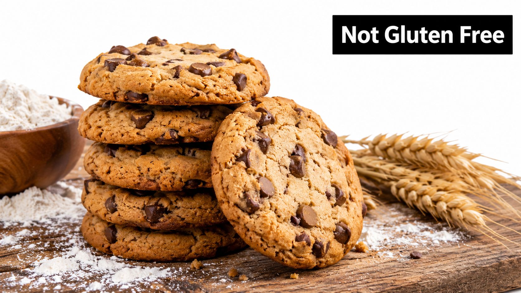 A stack of chocolate chip cookies on a wooden table with flour and wheat stalks nearby.
