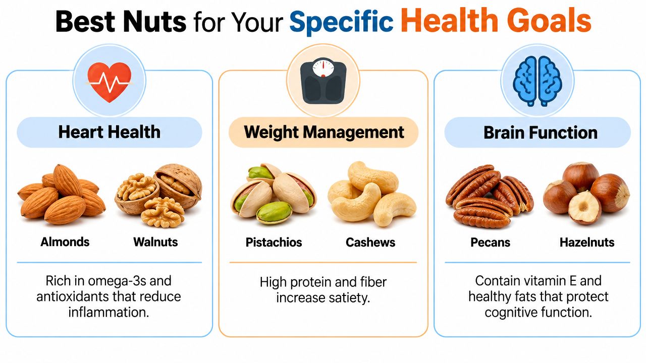 An infographic showing various nuts categorized by their health benefits for the heart, weight management, and brain function.