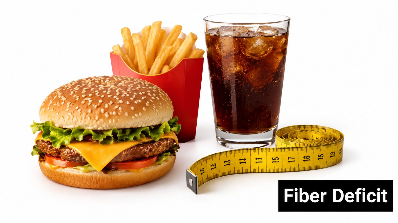 A fast food burger, fries, and a soda glass next to a yellow measuring tape.
