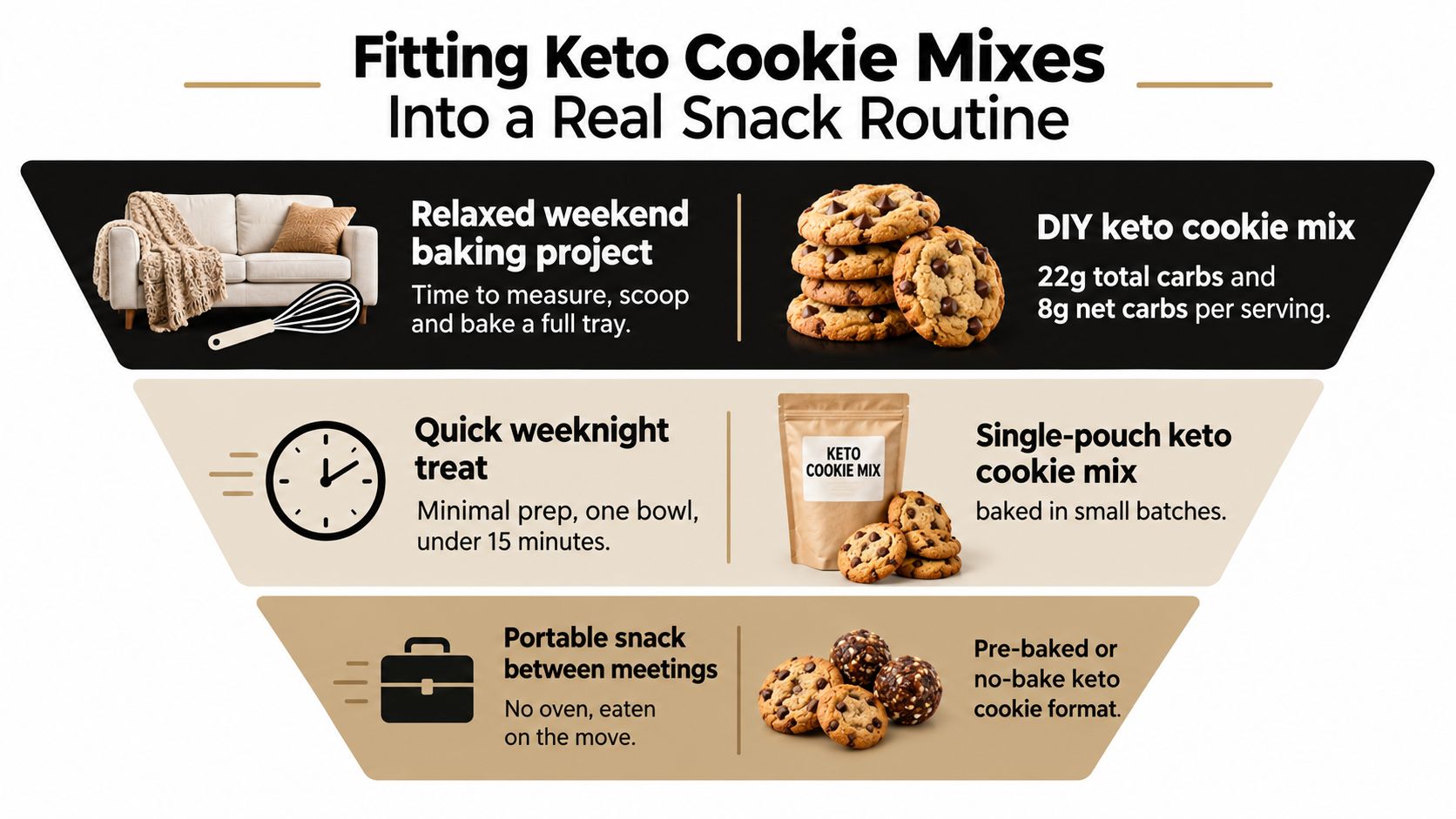 A visual guide showing three different ways to incorporate keto cookie mixes into a daily routine.