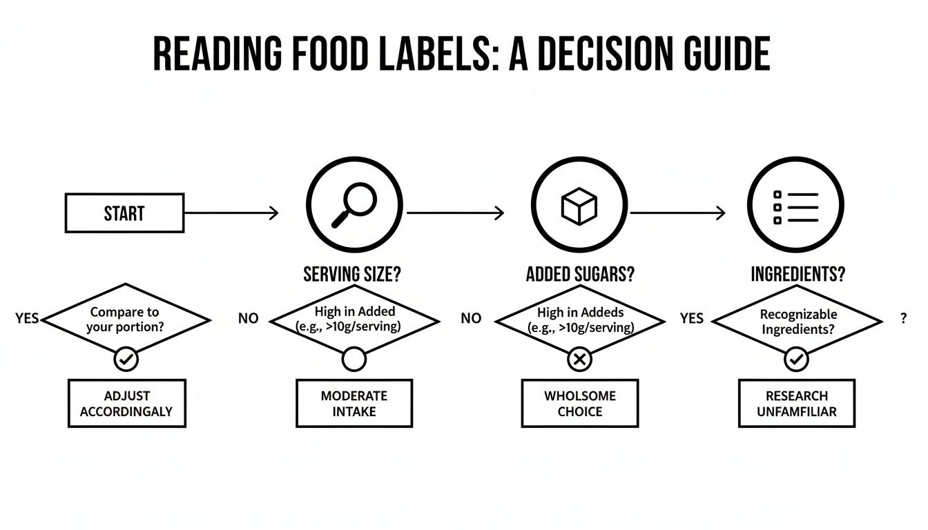 A decision guide flowchart illustrating how to read food labels, covering serving size, added sugars, and ingredients.