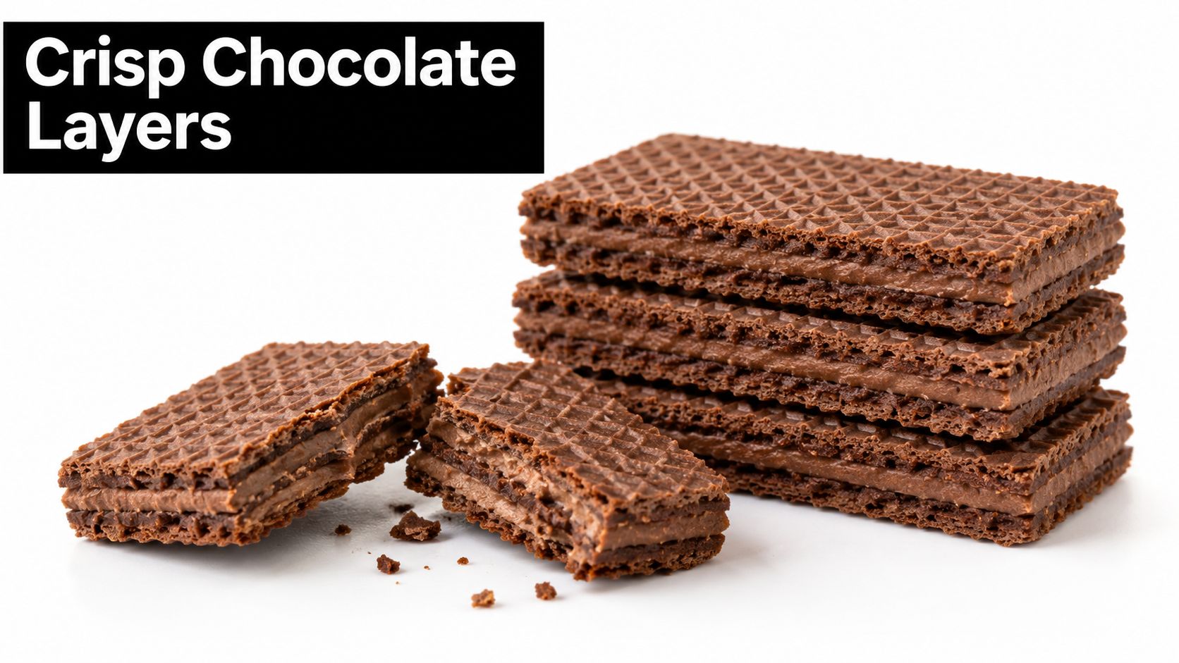 A stack of crispy chocolate wafer cookies sitting on a clean white surface with some crumbs.