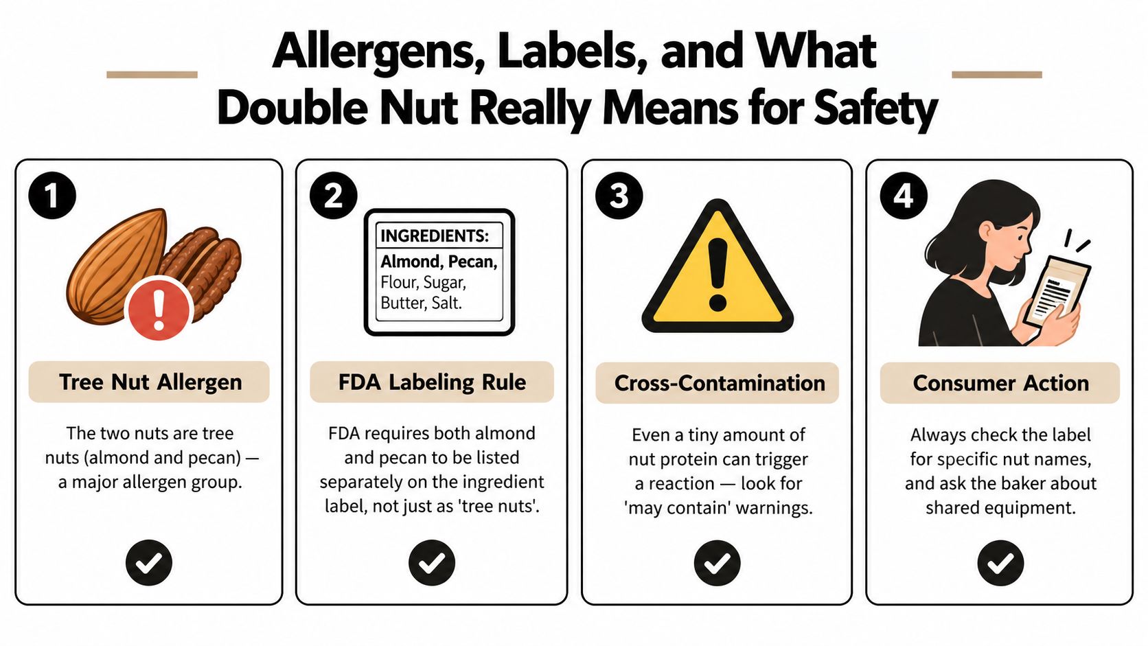 An infographic showing four steps for navigating tree nut allergies, ingredient labeling, cross-contamination, and consumer safety actions.