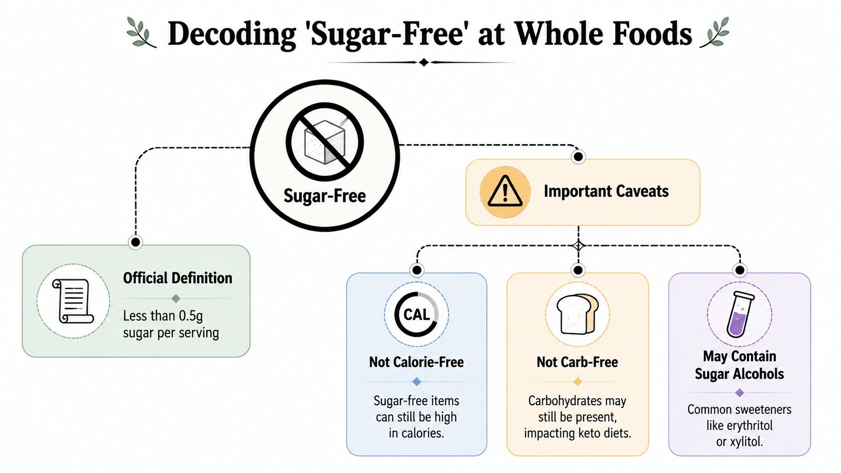 A flowchart explaining the official definition and important health considerations regarding sugar-free labels on food products.