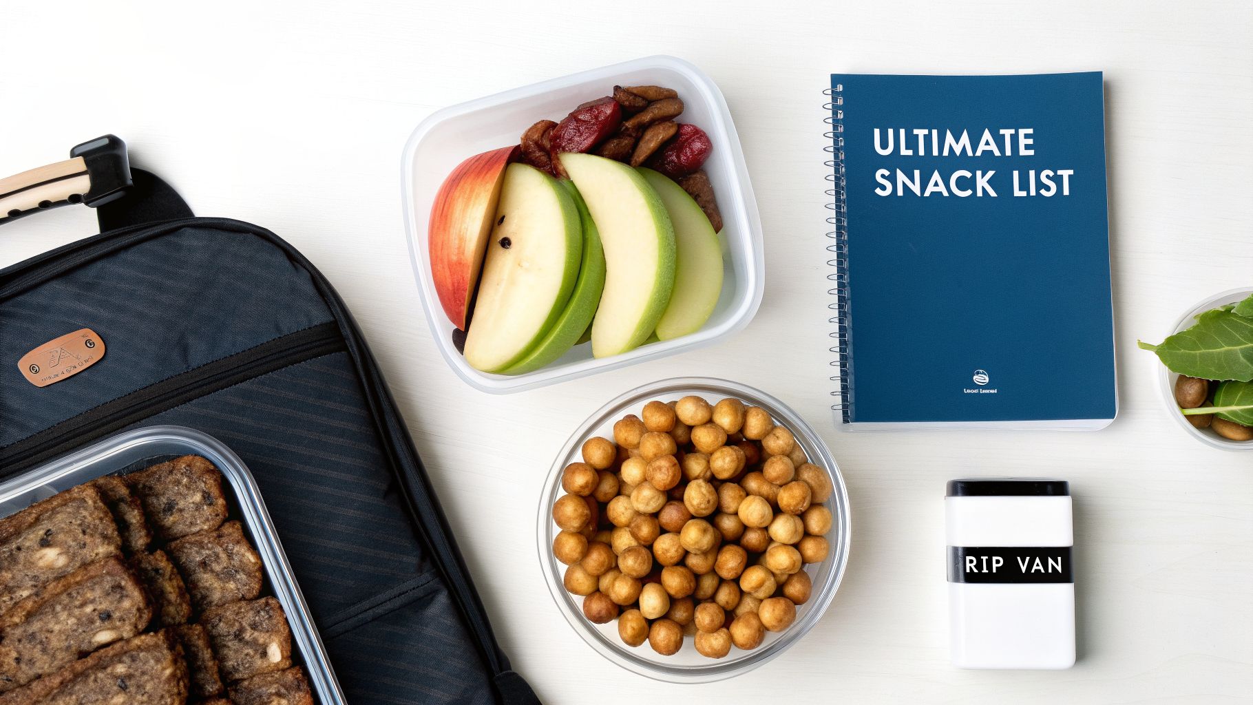 Healthy snacks, a backpack, and a 'ULTIMATE SNACK LIST' notebook on a white table.