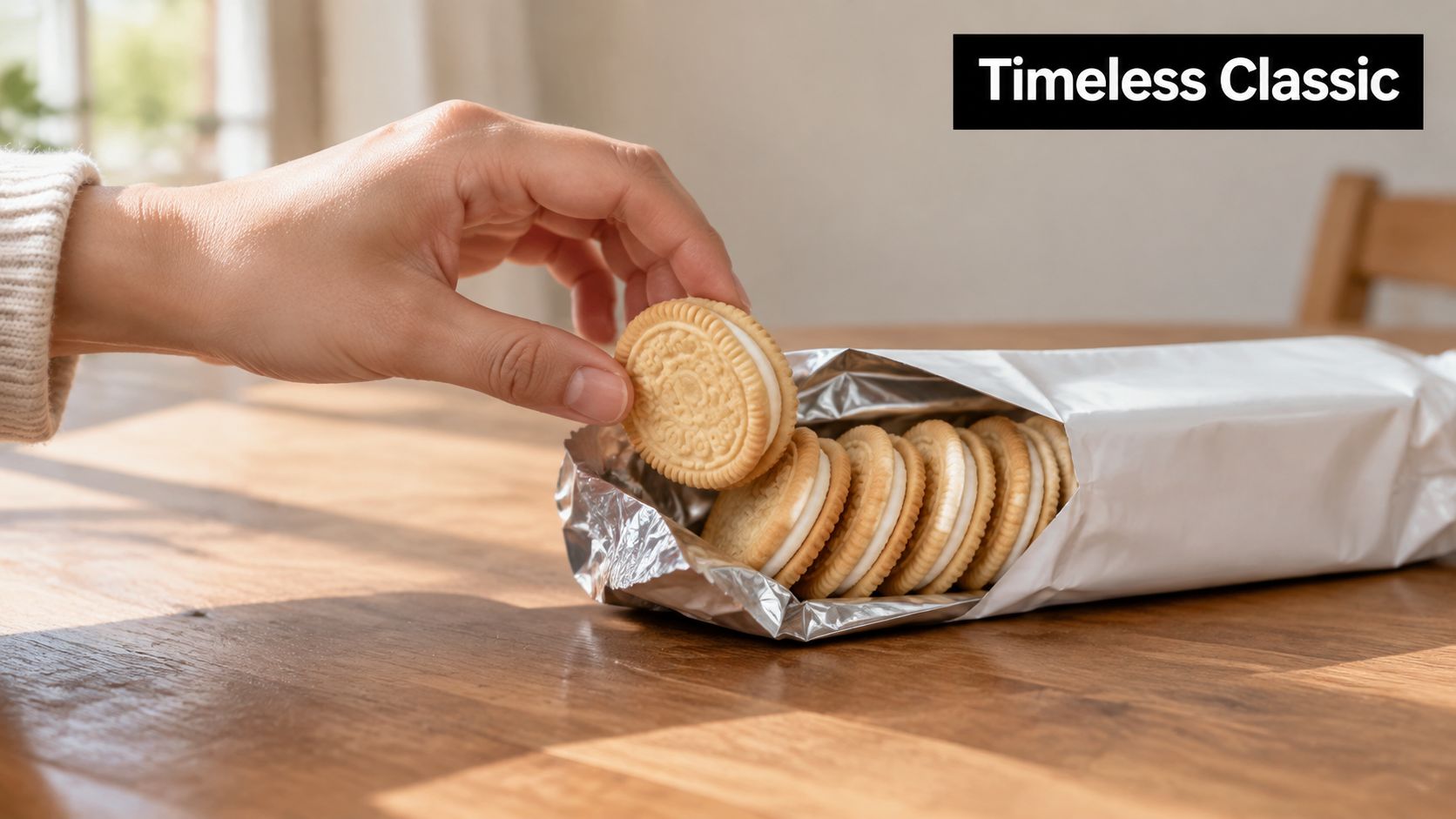 A person's hand picking a golden vanilla sandwich cookie from a silver foil packet on a table.