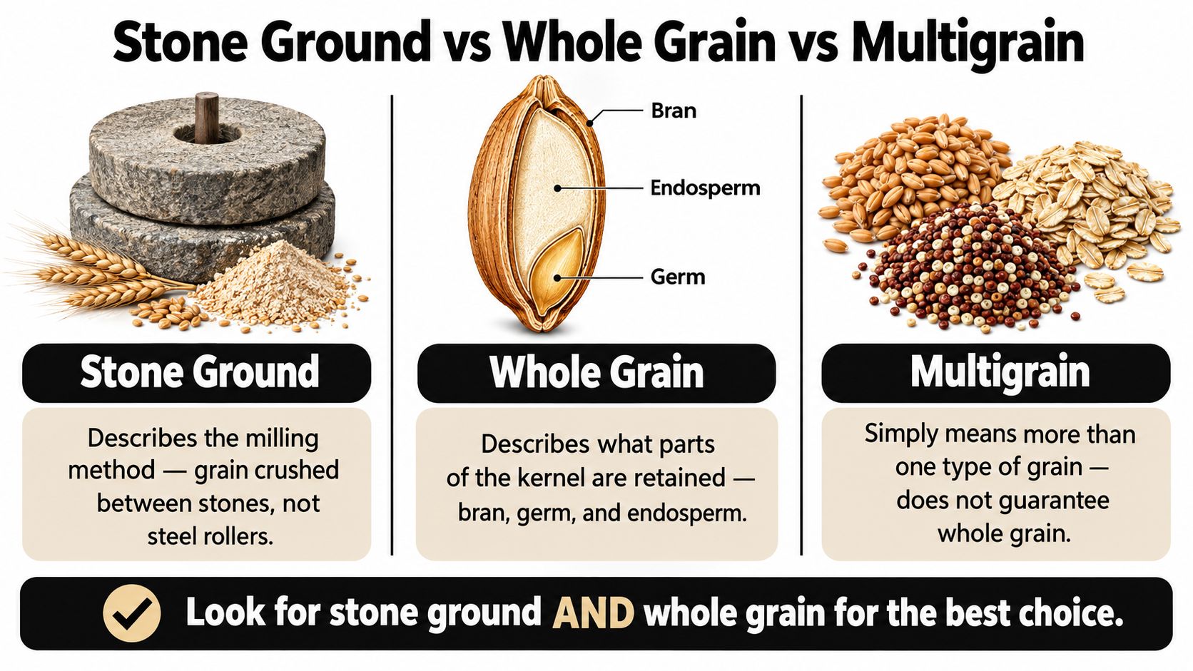 An infographic explaining the differences between stone ground, whole grain, and multigrain food processing terms.