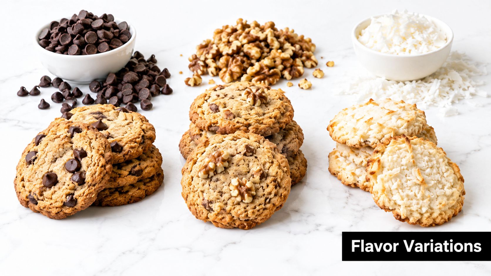 A selection of three types of cookies, chocolate chip, walnut, and coconut, alongside their ingredients on a white surface.