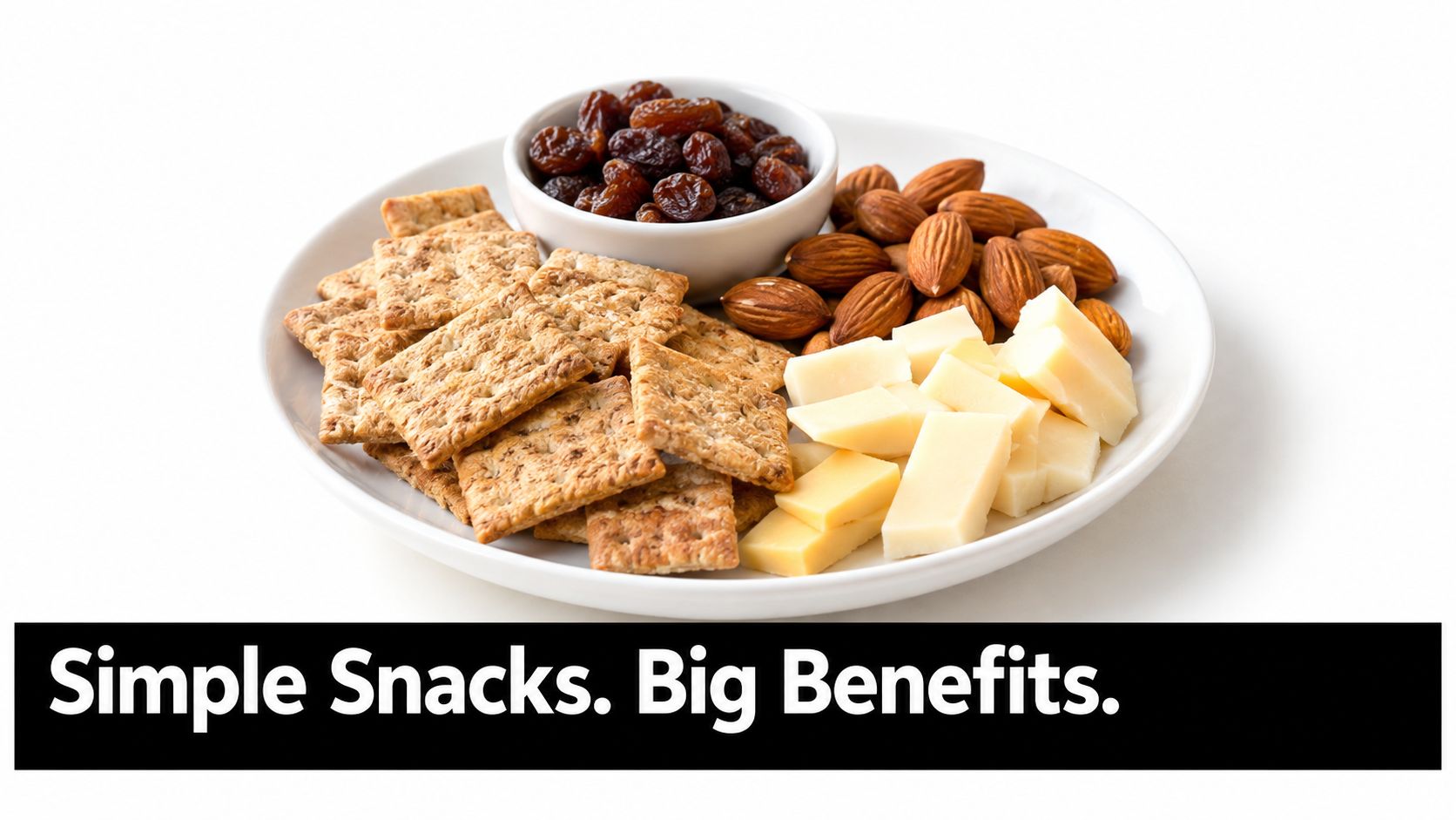 A white plate containing a bowl of raisins, a pile of almonds, crispy wheat crackers, and cheese cubes.