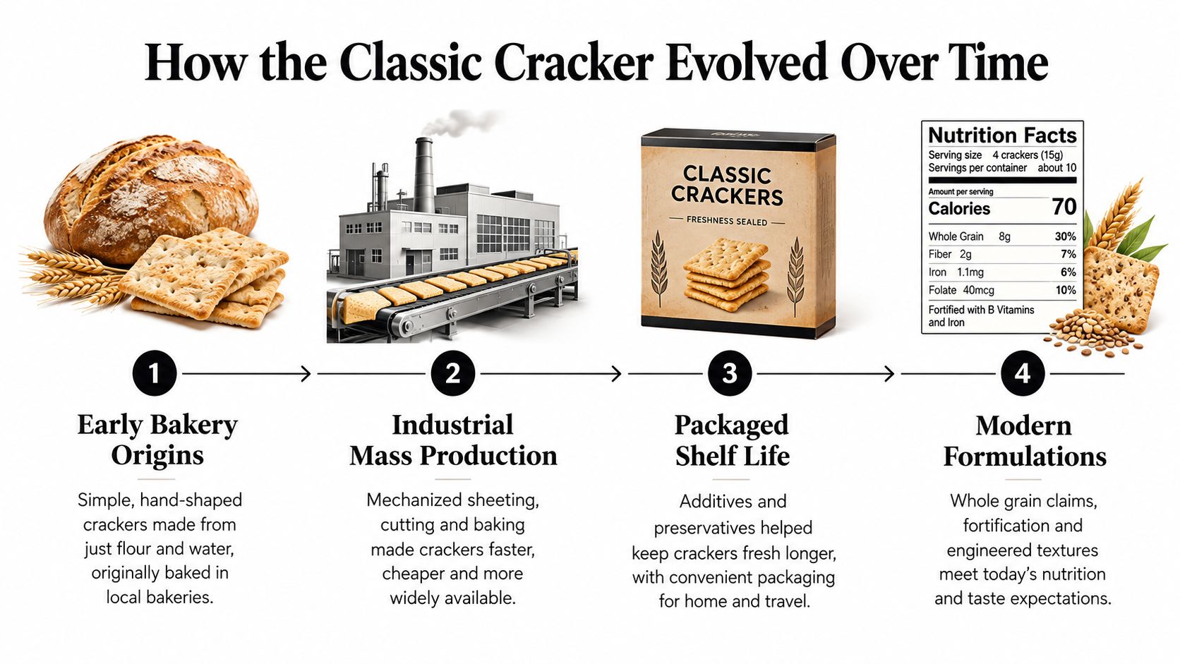 An infographic detailing the evolution of the classic cracker from early bakery origins to modern whole grain formulations.