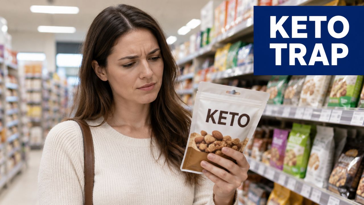 A woman looks concerned while reading the ingredients label on a keto snack bag in a grocery store.