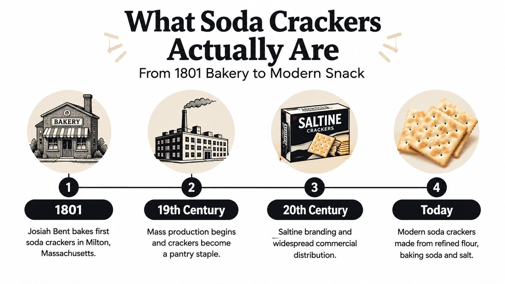 A timeline graphic illustrating the historical development of soda crackers from 1801 to modern day.