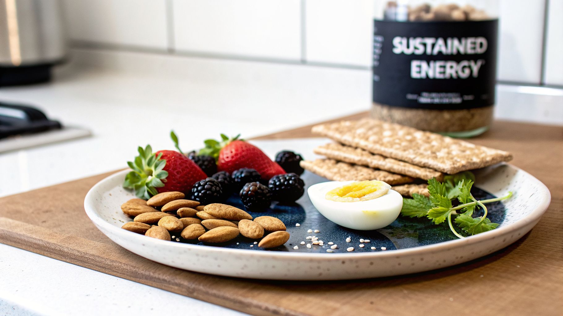 A healthy snack plate with berries, almonds, a hard-boiled egg, and crackers.