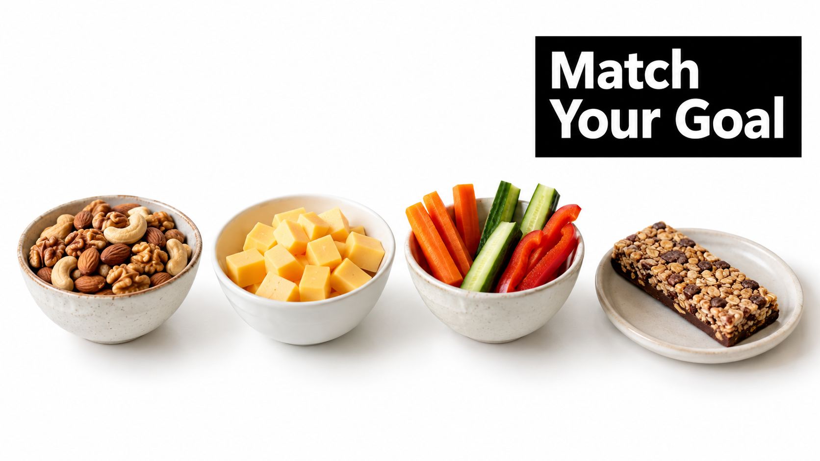 A selection of healthy snacks including nuts, cheese cubes, sliced vegetables, and a chocolate granola bar.
