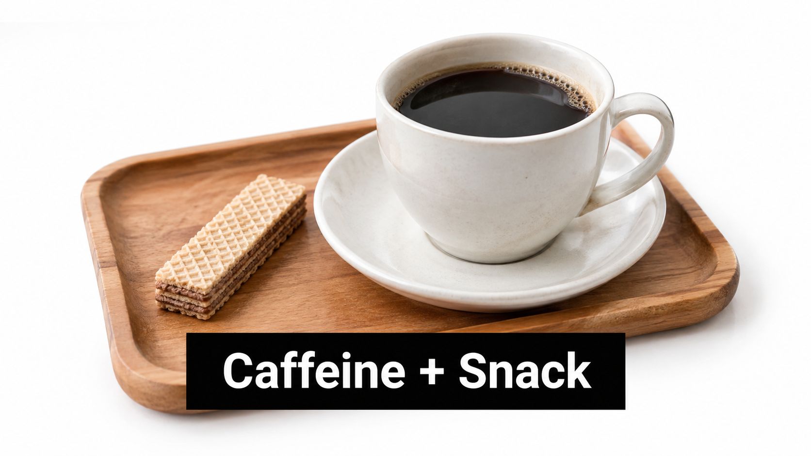 A cup of black coffee served with a crispy chocolate wafer cookie on a wooden tray.