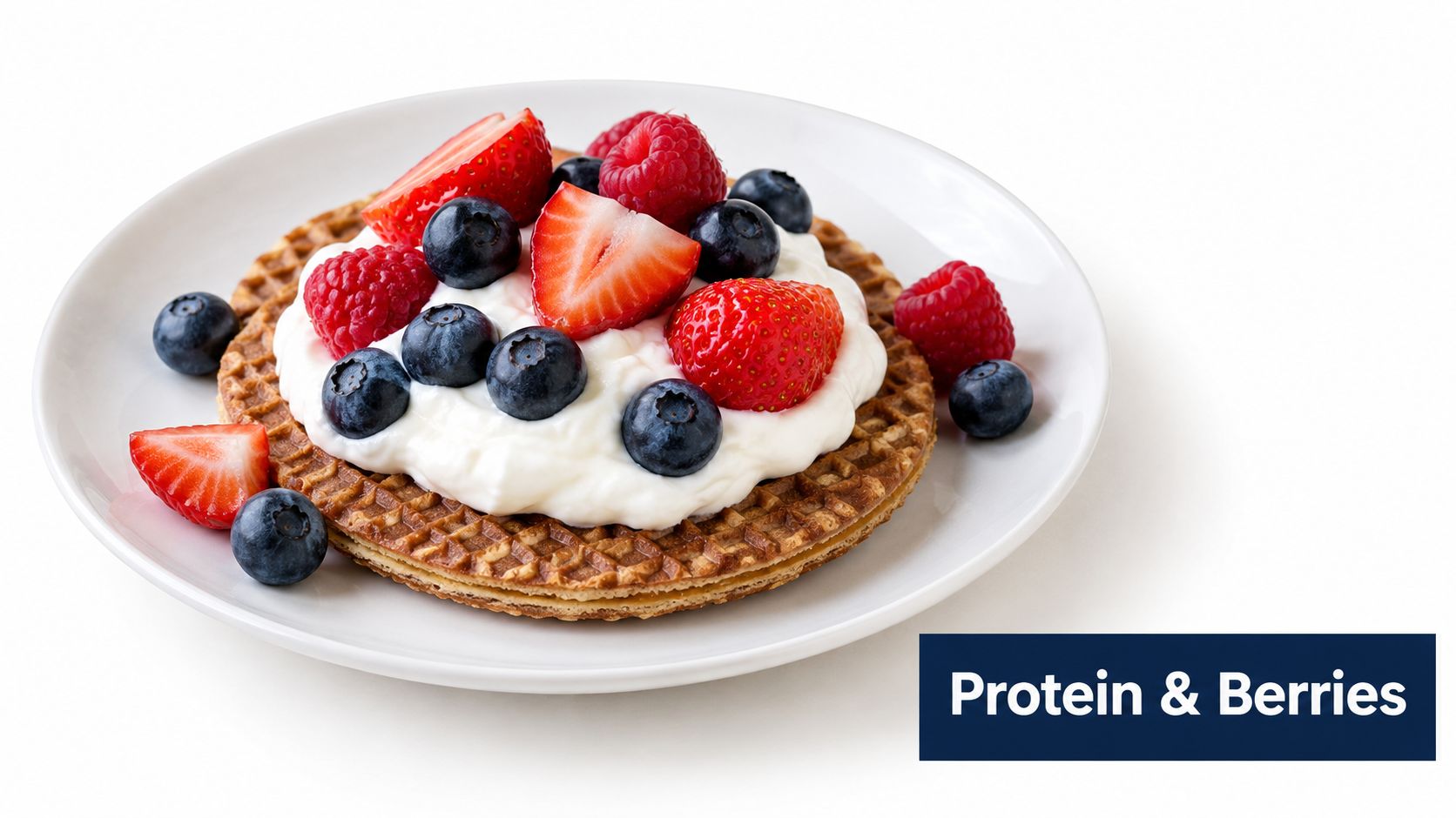 A crisp protein waffle topped with fresh creamy yogurt, juicy strawberries, and plump blueberries on a plate.