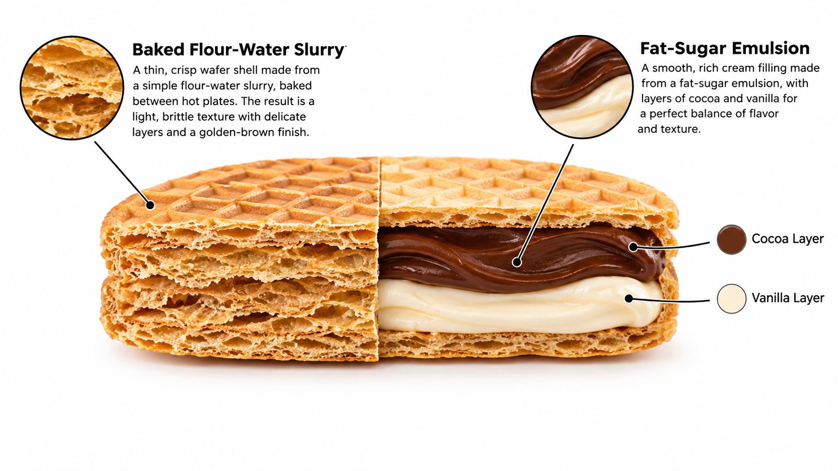 Cross-section of a crispy wafer cookie revealing layers of rich cocoa and smooth vanilla cream filling.