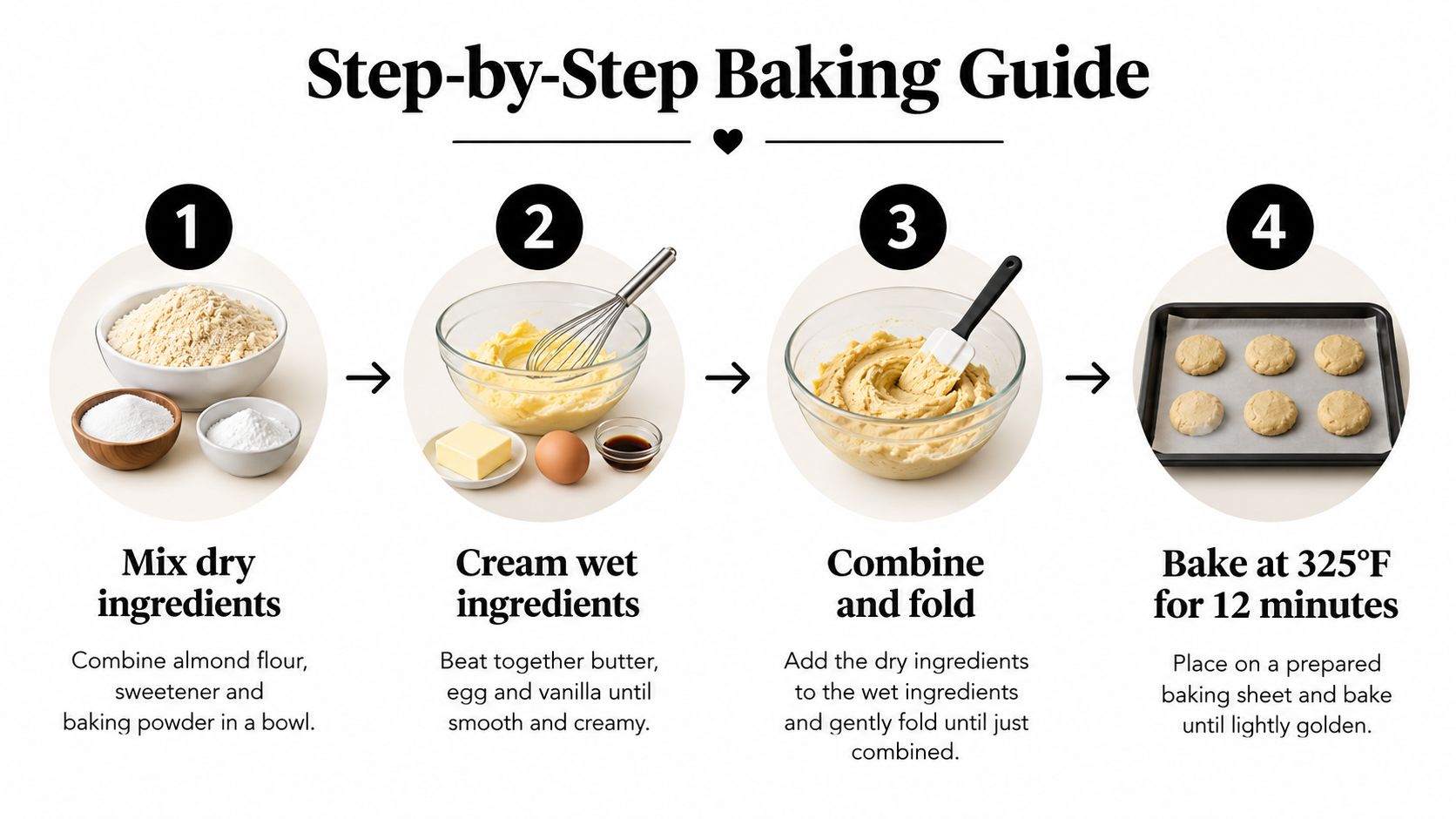 A step-by-step instructional graphic showing how to prepare and bake keto almond flour cookies in four steps.