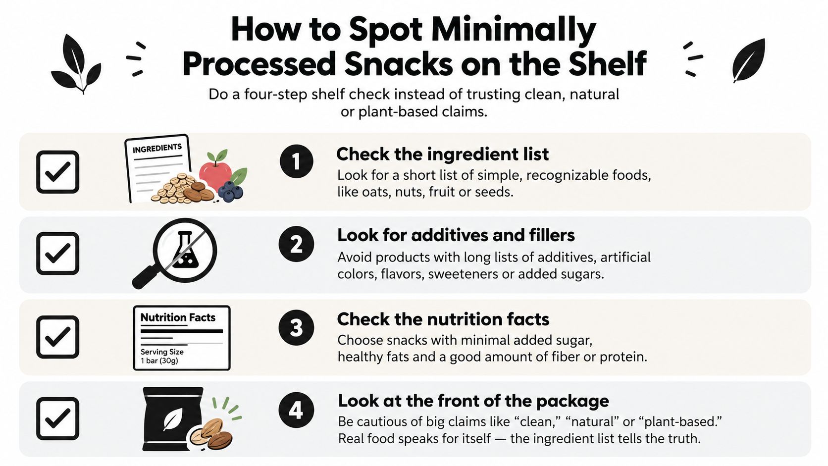 A helpful infographic showing four steps to identify minimally processed snacks by checking ingredients and nutrition facts.