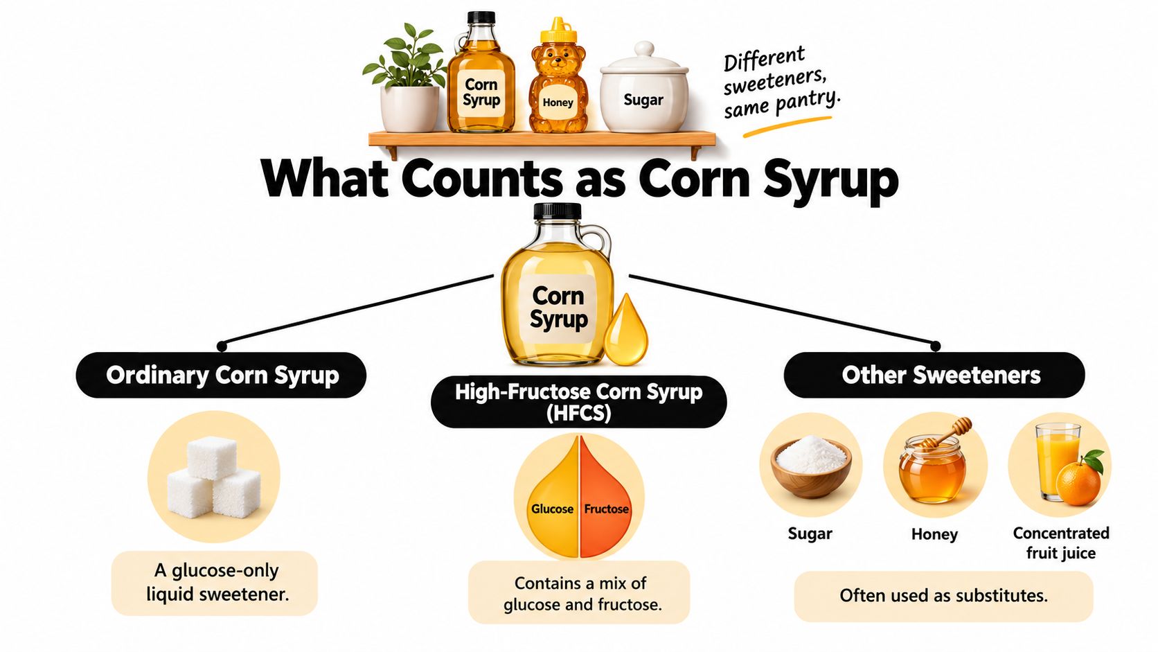 An infographic explaining the types of corn syrup including ordinary, high-fructose, and other common sweeteners.