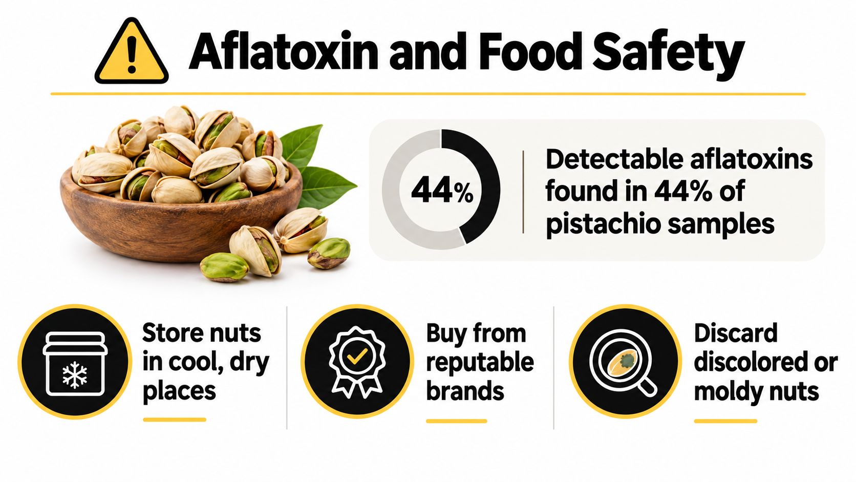 An infographic titled Aflatoxin and Food Safety showing statistics about mold in pistachios and food safety tips.