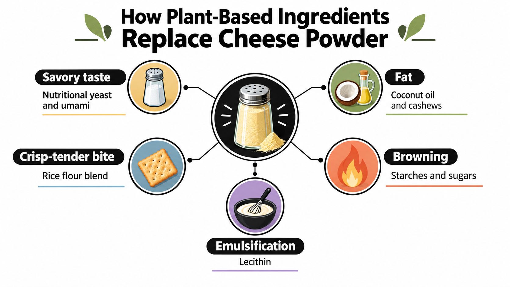A diagram showing how various plant-based ingredients like nutritional yeast and coconut oil replicate cheese powder characteristics.
