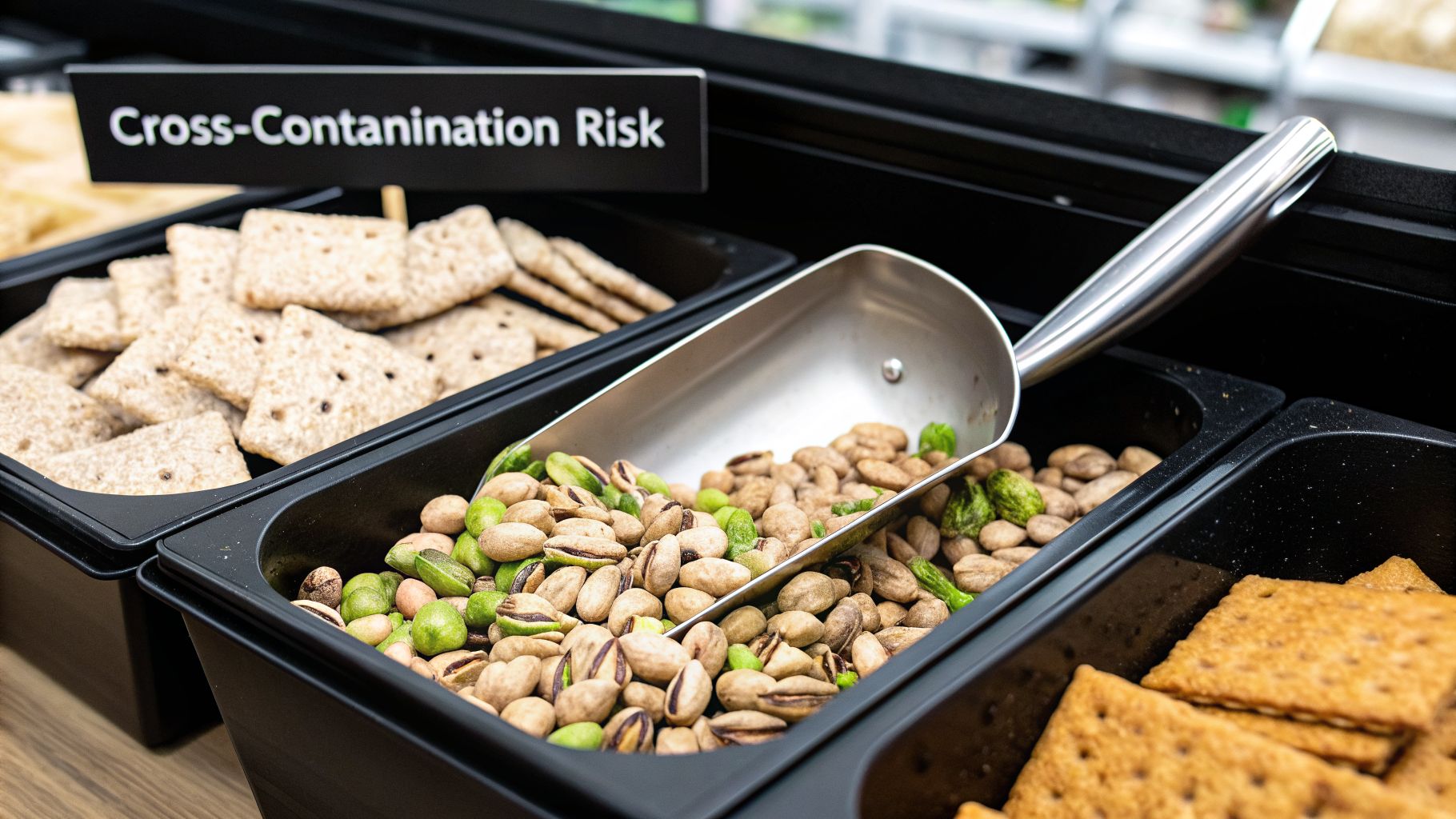 Assortment of crackers and pistachios in a self-serve bar with a 'Cross-Contamination Risk' sign.