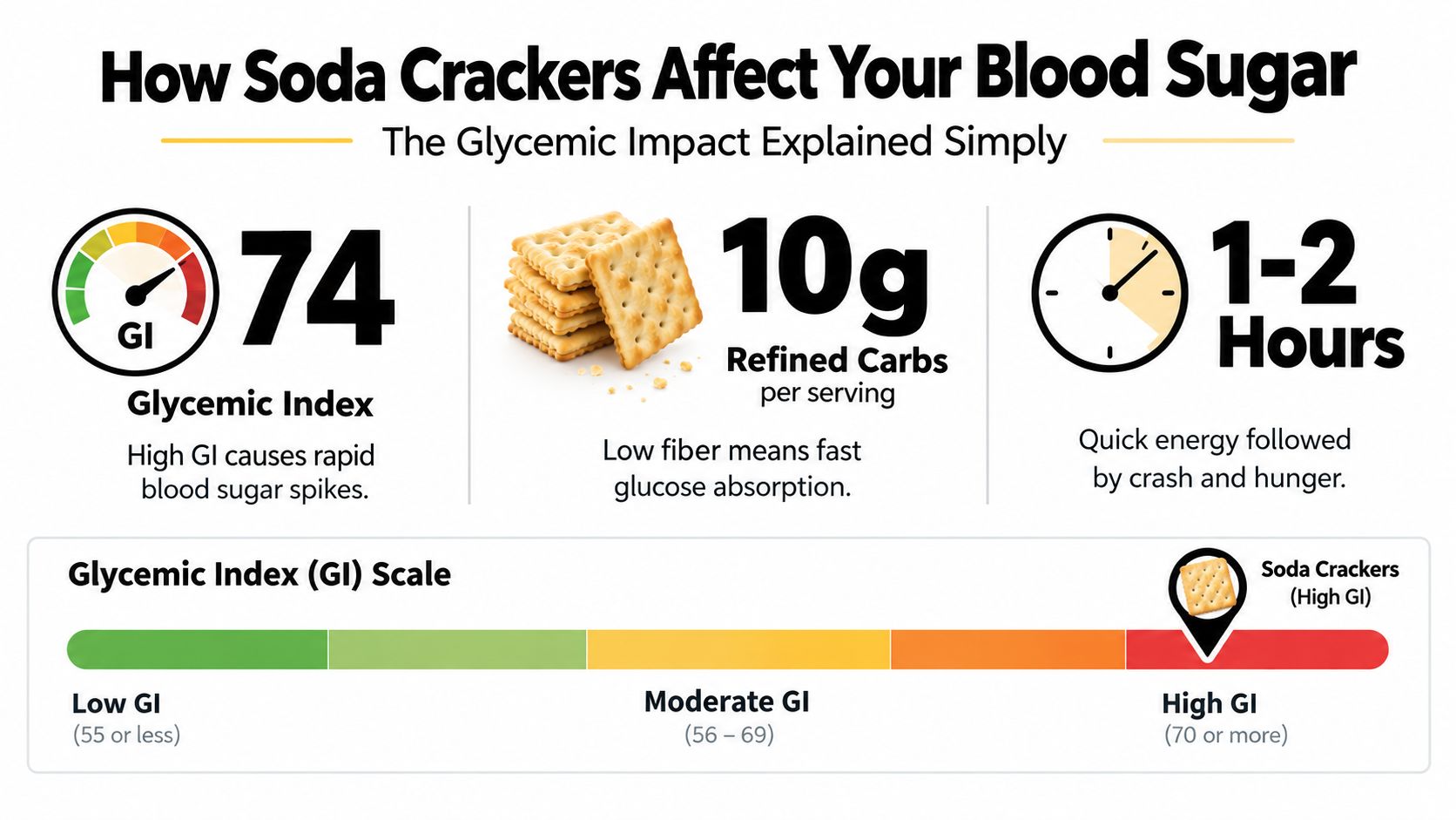 An infographic showing that soda crackers have a high glycemic index, causing rapid blood sugar spikes.