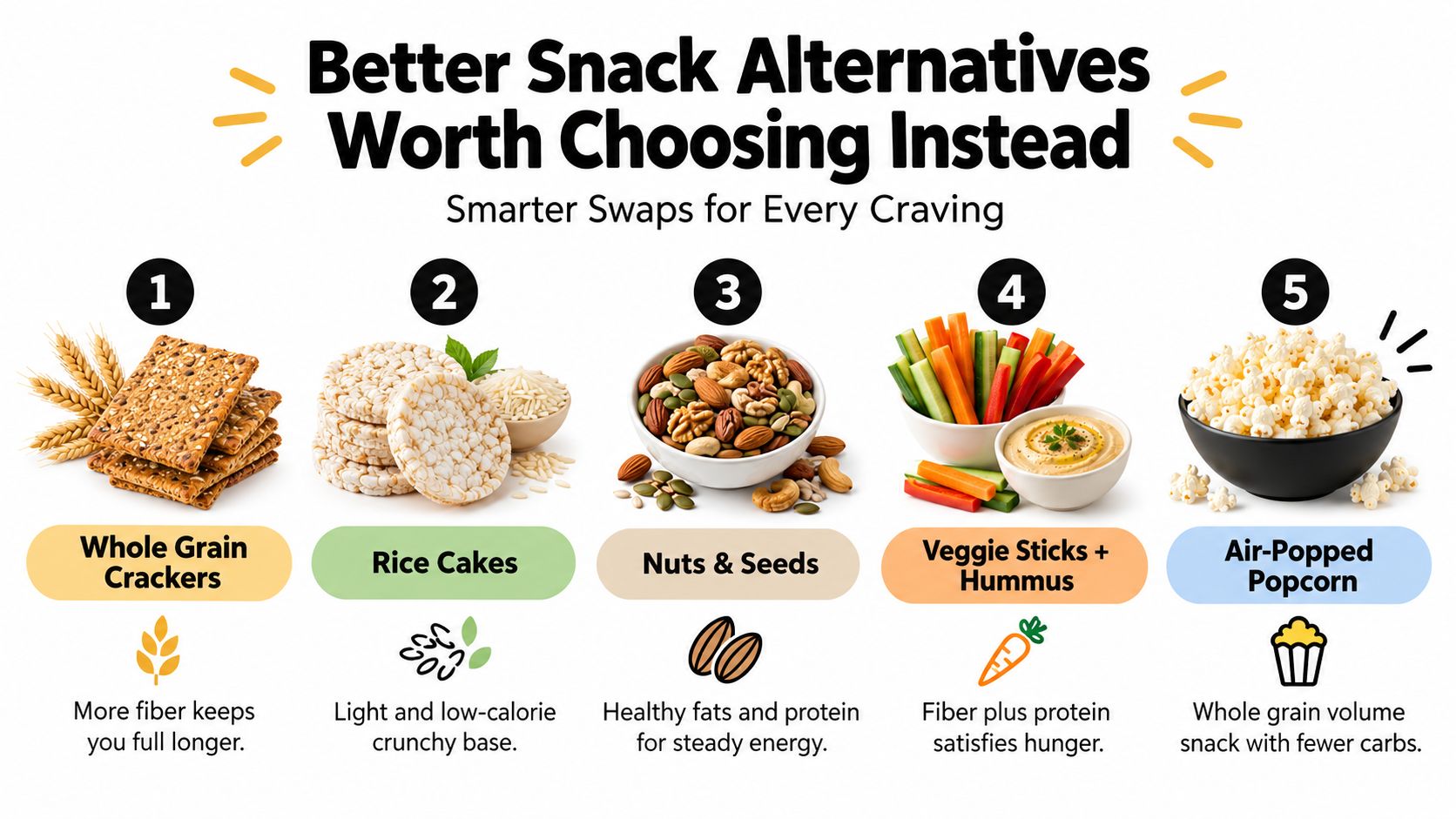 A list of five healthy snack alternatives including whole grain crackers, rice cakes, nuts, veggies, and popcorn.