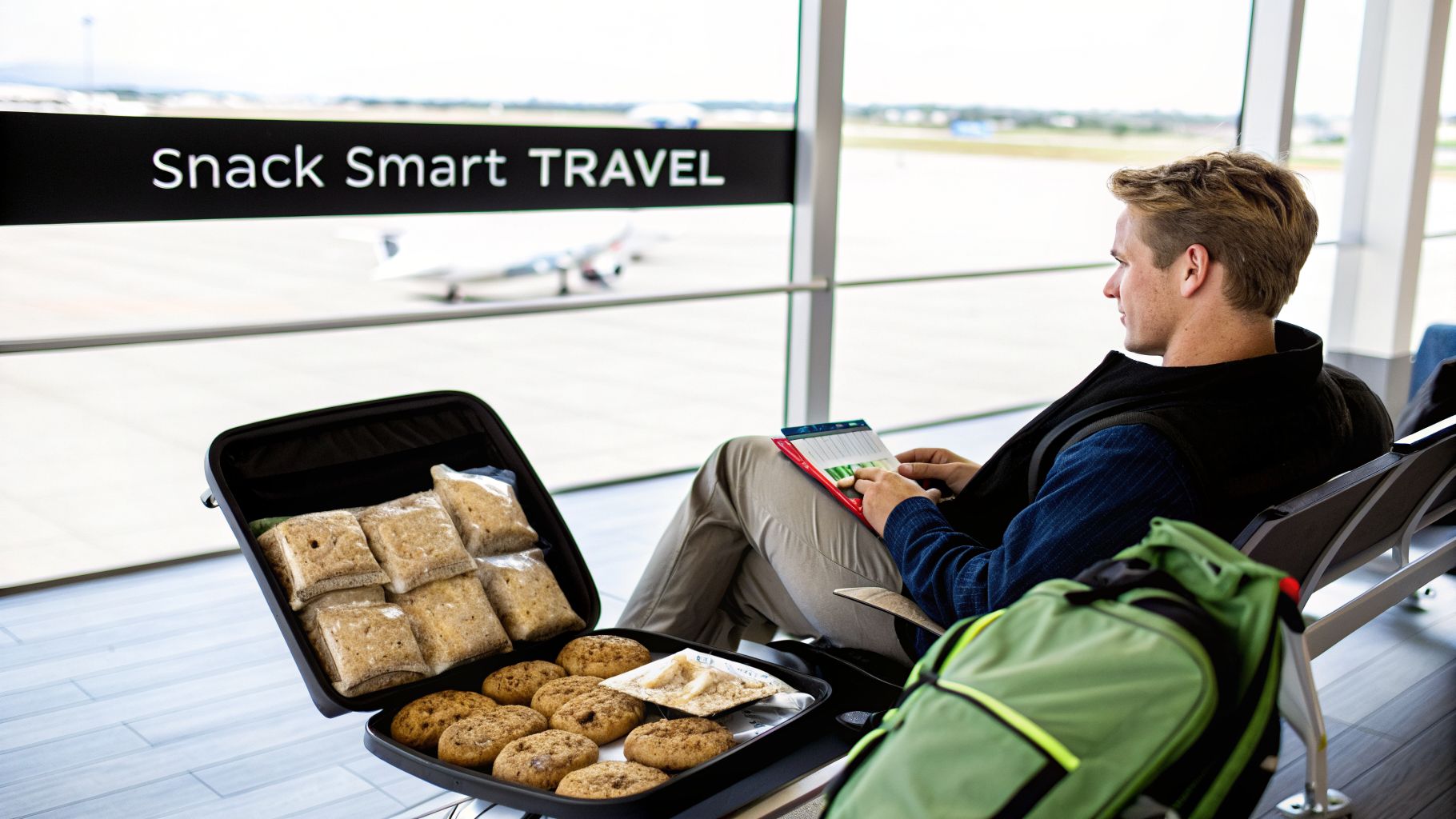 A man sits in an airport lounge with an open suitcase full of healthy snacks and cookies.