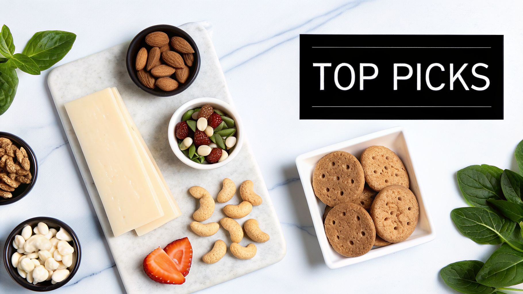 An overhead shot of healthy and delicious snacks including cheese, almonds, cashews, and fruit.