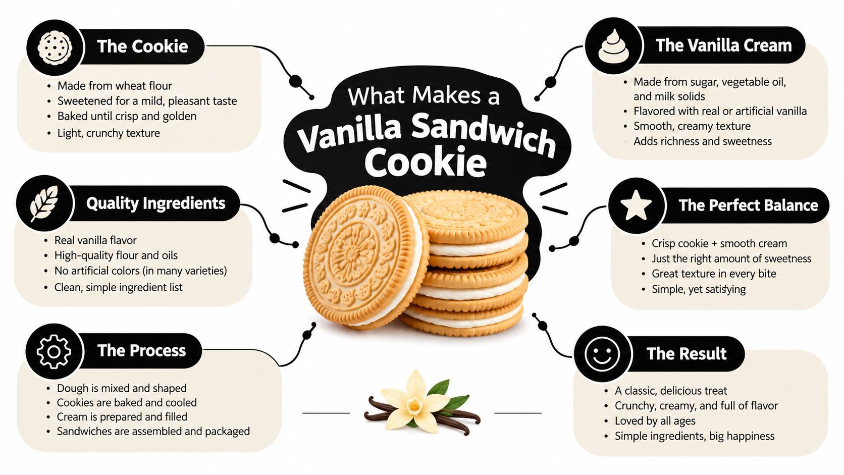 A detailed infographic explaining the ingredients, texture, and production process of vanilla sandwich cookies.