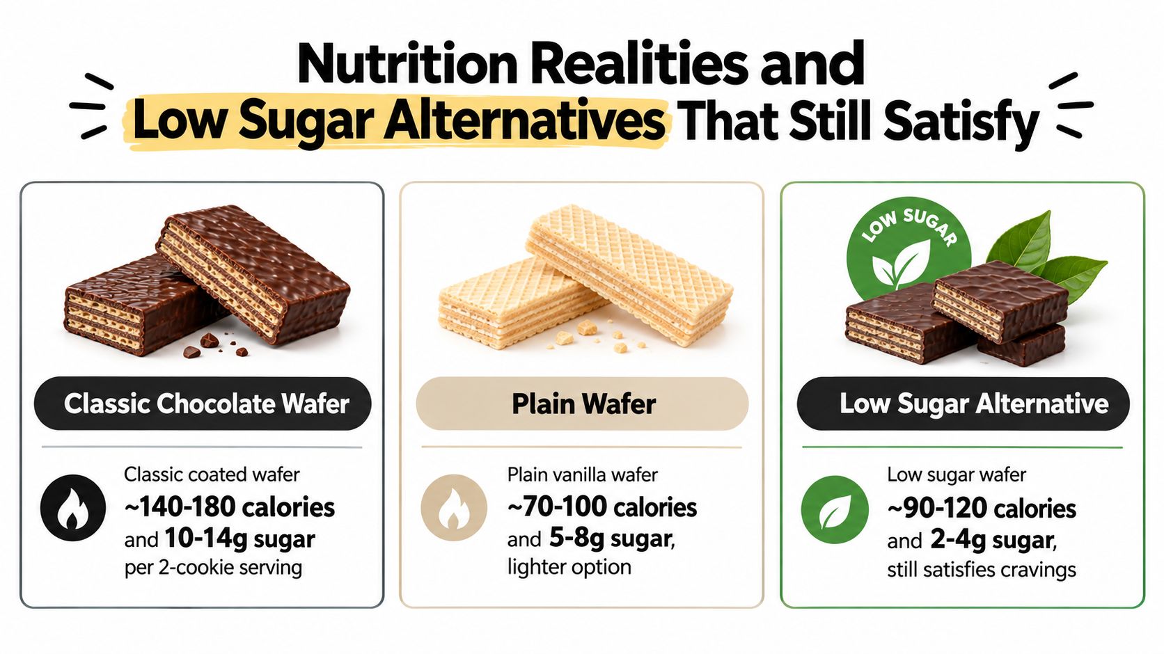 A comparison chart showing the calories and sugar content of chocolate wafers, plain wafers, and low sugar alternatives.