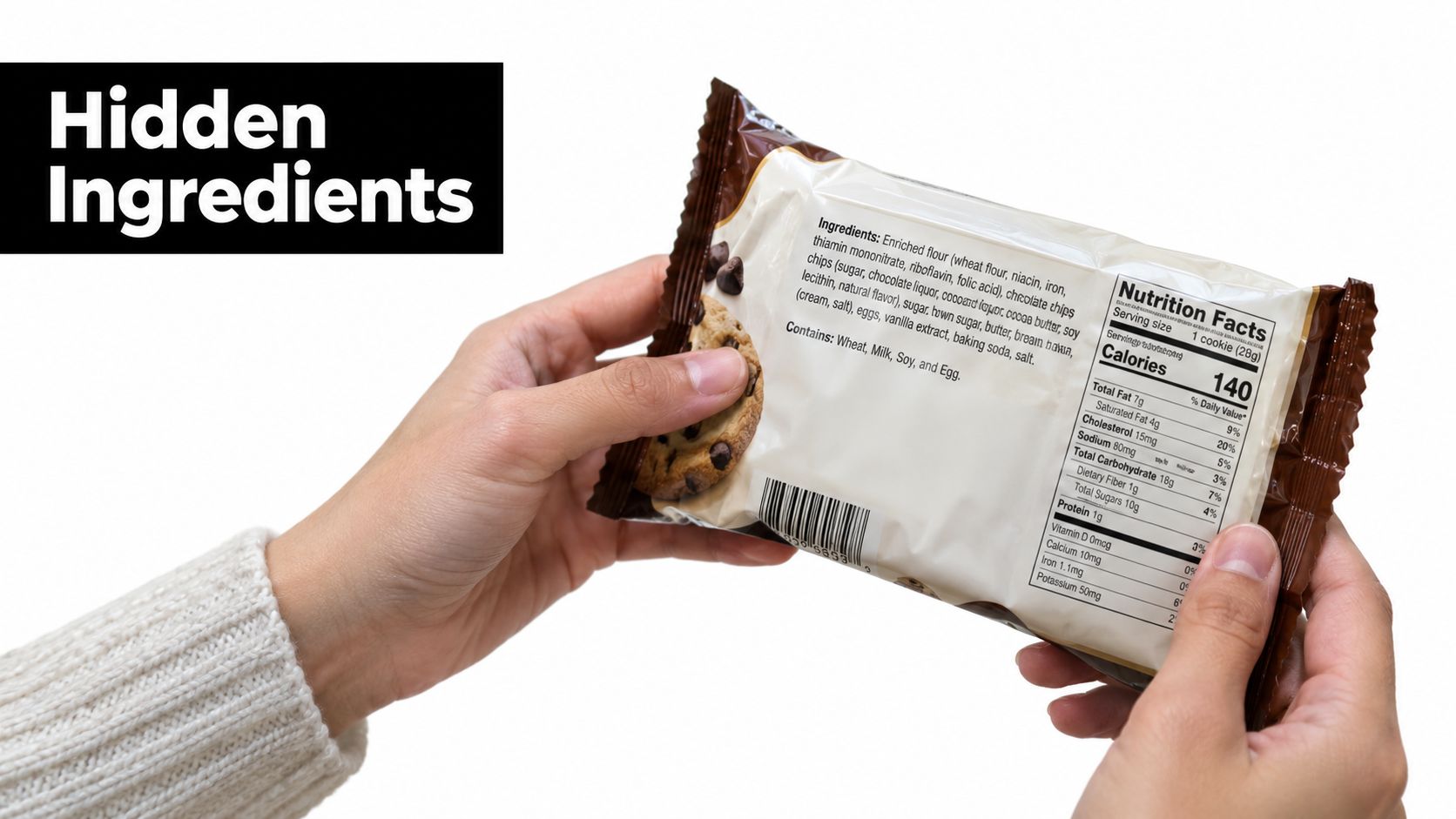 A person holding a packaged chocolate chip cookie while reading the ingredient and nutrition label closely.