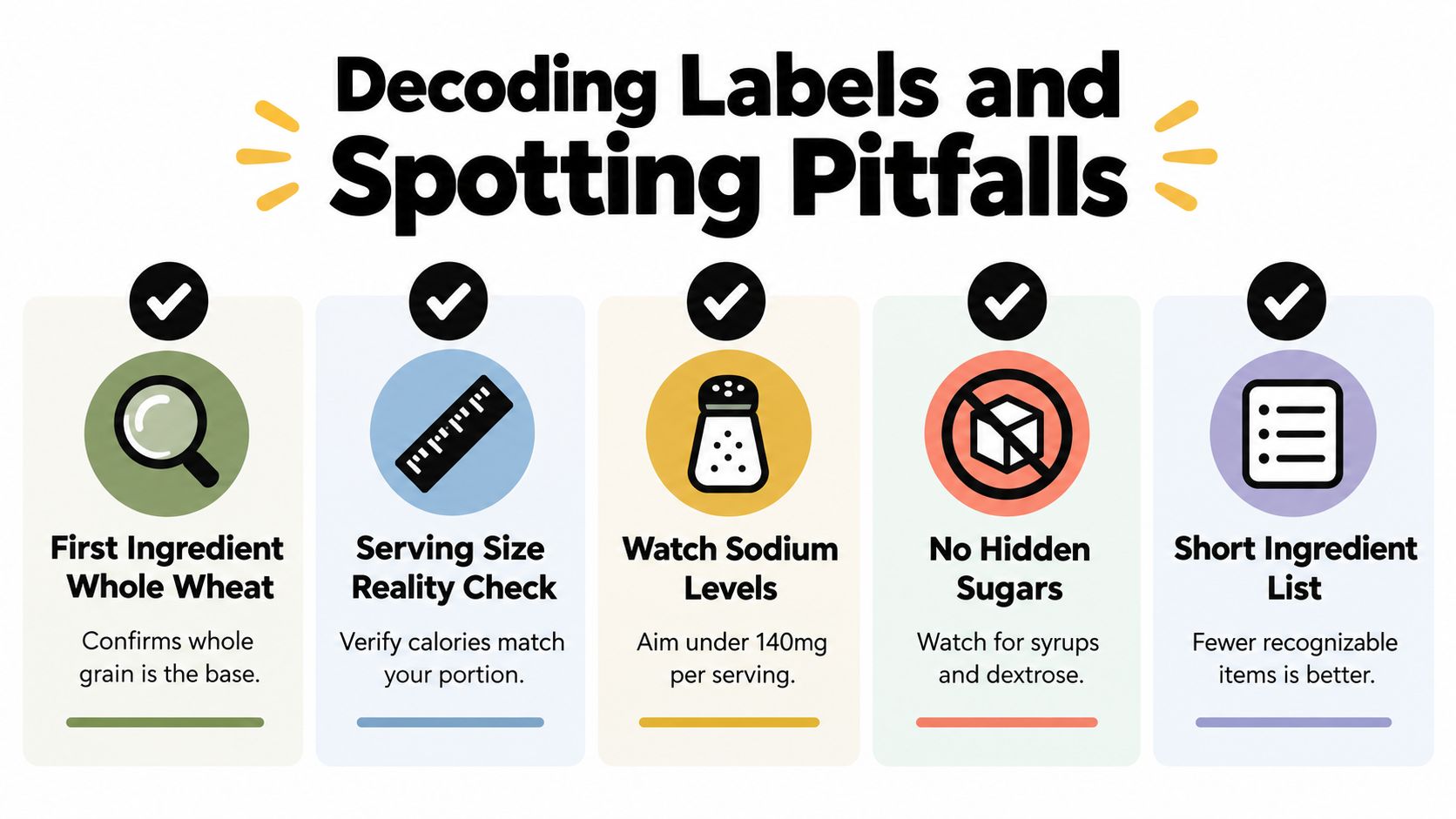 An infographic titled Decoding Labels and Spotting Pitfalls providing five tips for choosing healthy food products.