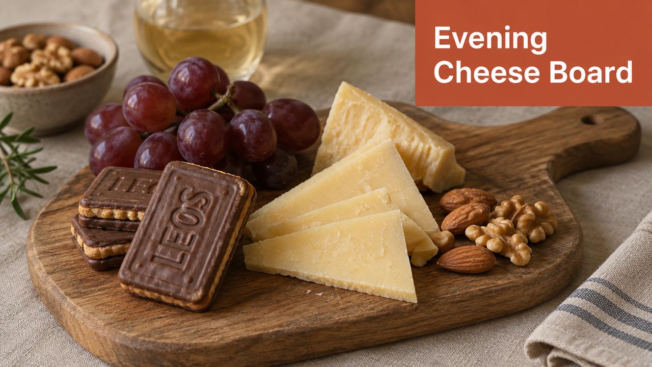 A wooden board features a selection of cheese slices, grapes, chocolate biscuits, and mixed nuts for snacking.