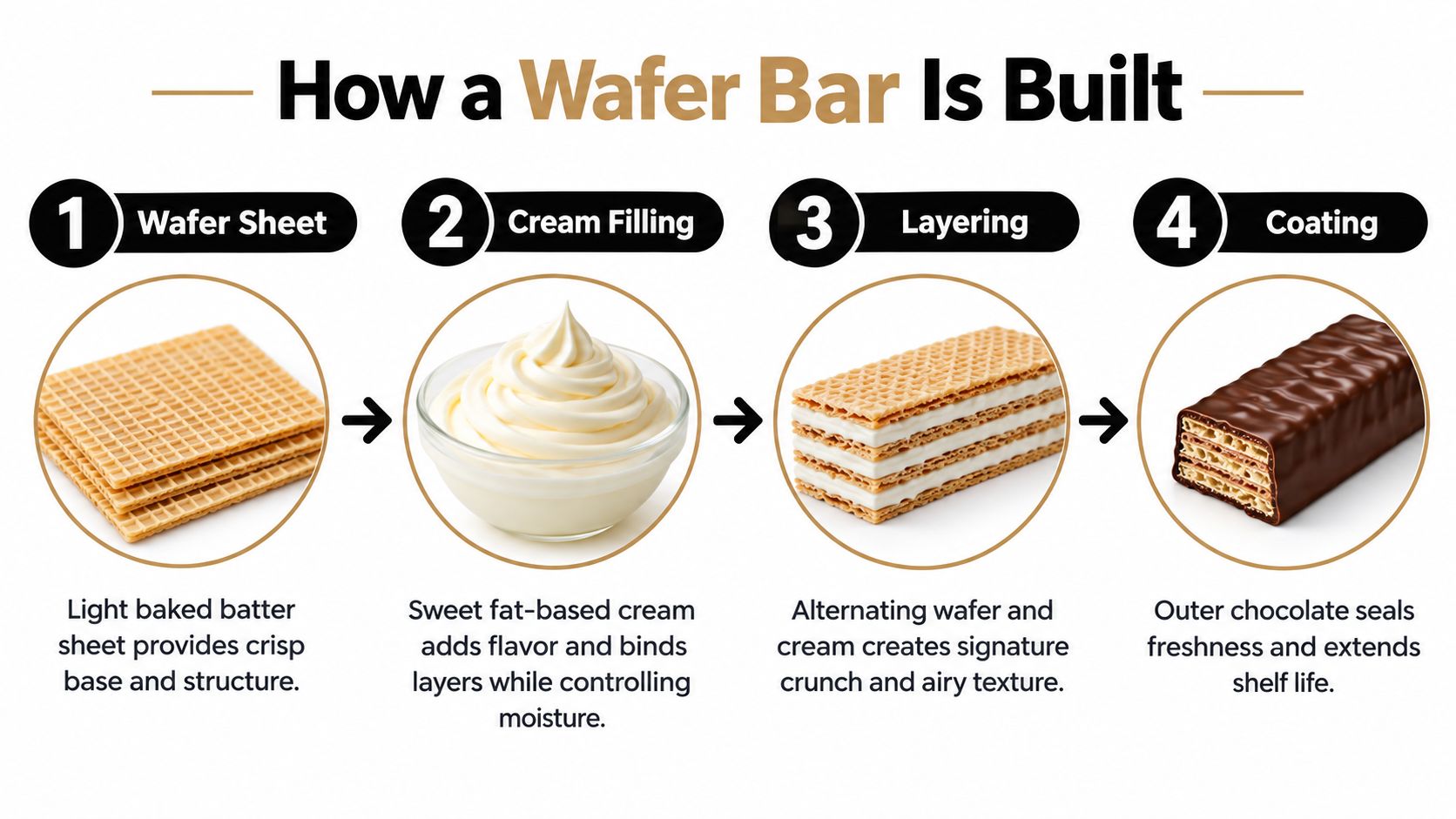 A four-step infographic illustrating the manufacturing process of a chocolate-covered wafer bar from sheet to finished product.