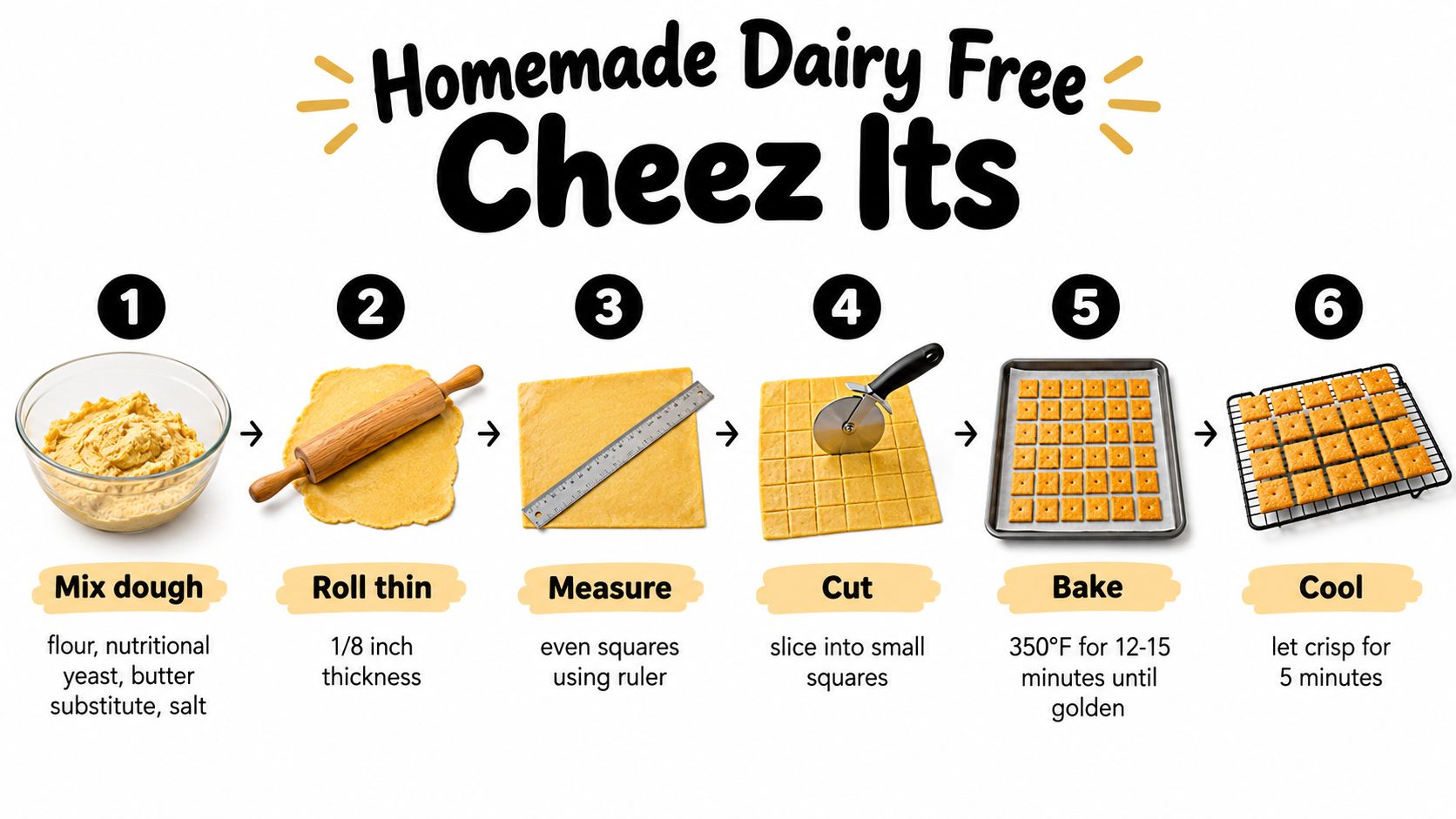 A six-step recipe illustration for making homemade dairy-free Cheez-Its, including mixing, rolling, cutting, and baking instructions.